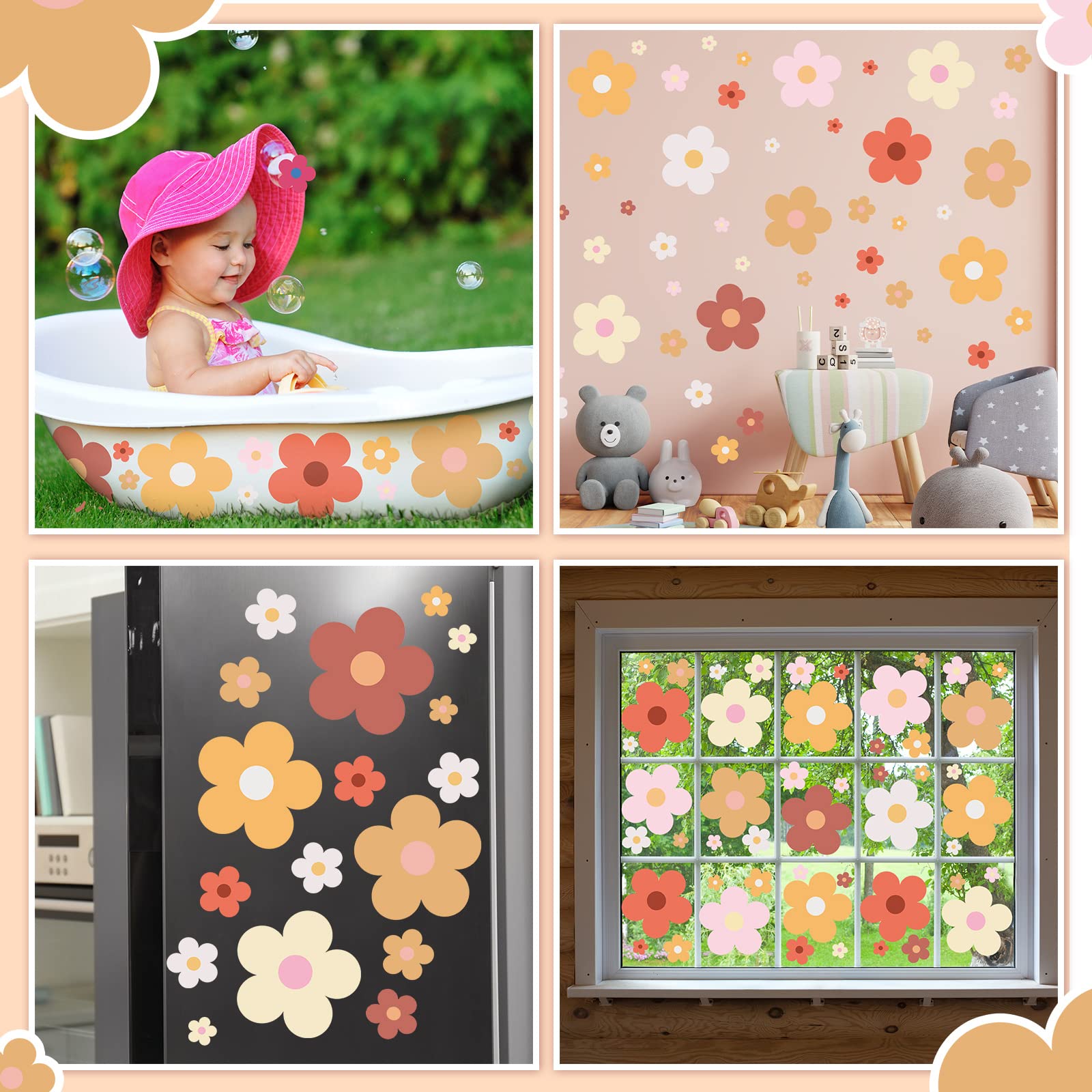 Hotop 128 Pcs Cute Flowers Wall Decal Daisy Wall Stickers Pastel Aesthetic Preppy Hippie Trendy Wall Flowers Wall Decor Colorful