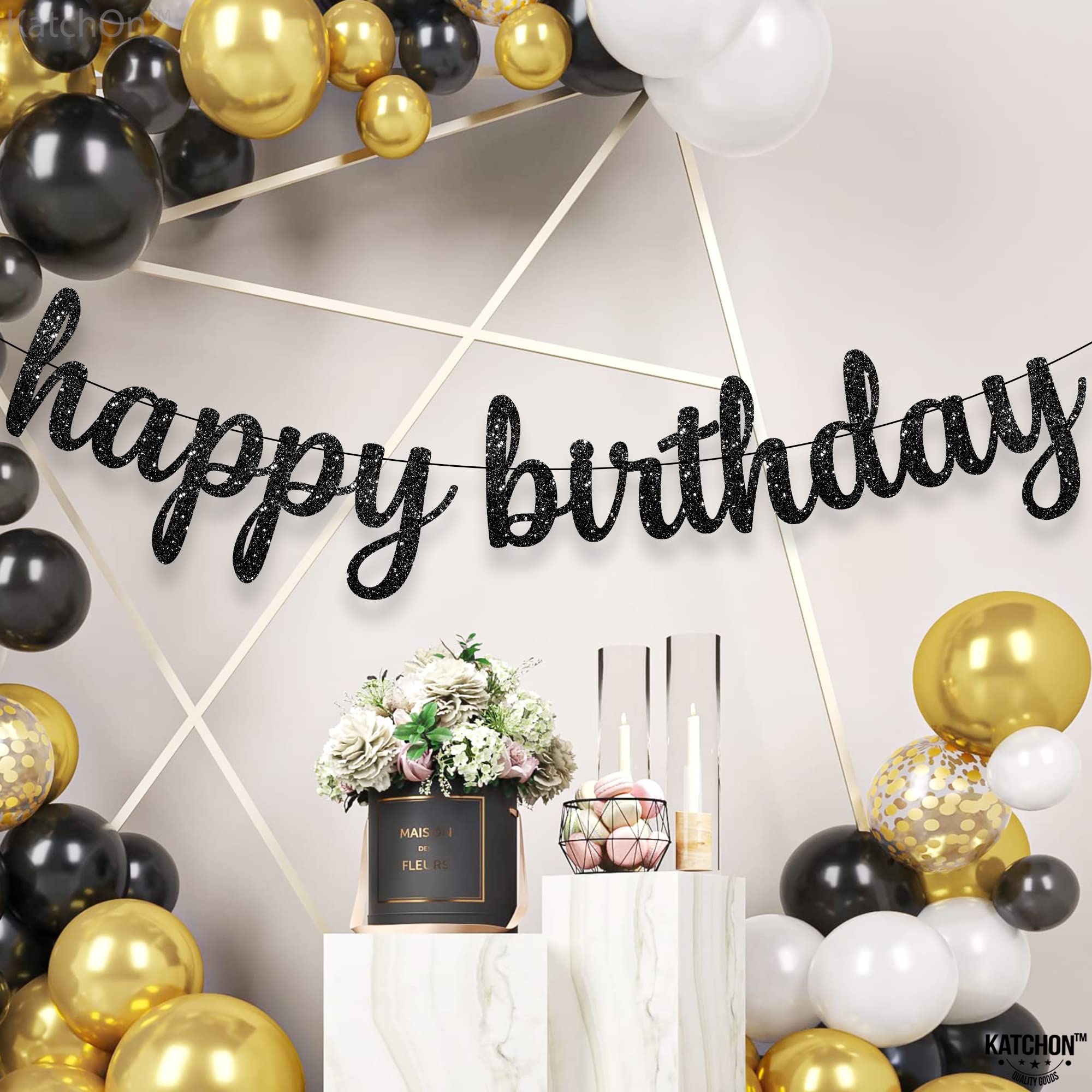 Katchon Glitter Black Happy Birthday Banner - 10 Feet, No Diy | Black Birthday Banner | Black Birthday Decorations | Happy Birth