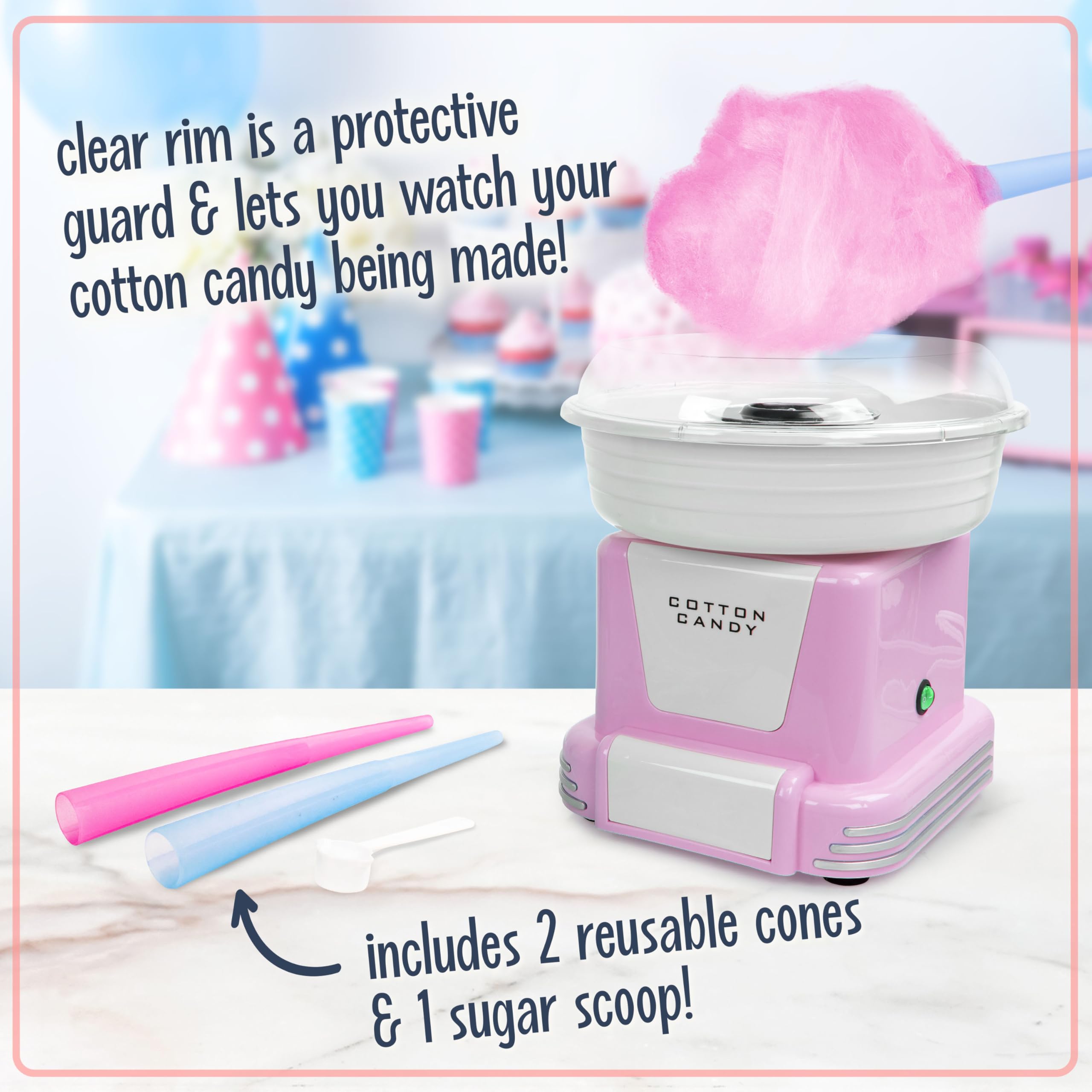 Nostalgia Cotton Candy Machine - Retro Cotton Candy Machine For Kids With 2 Reusable Cones, 1 Sugar Scoop, And 1 Extractor Head