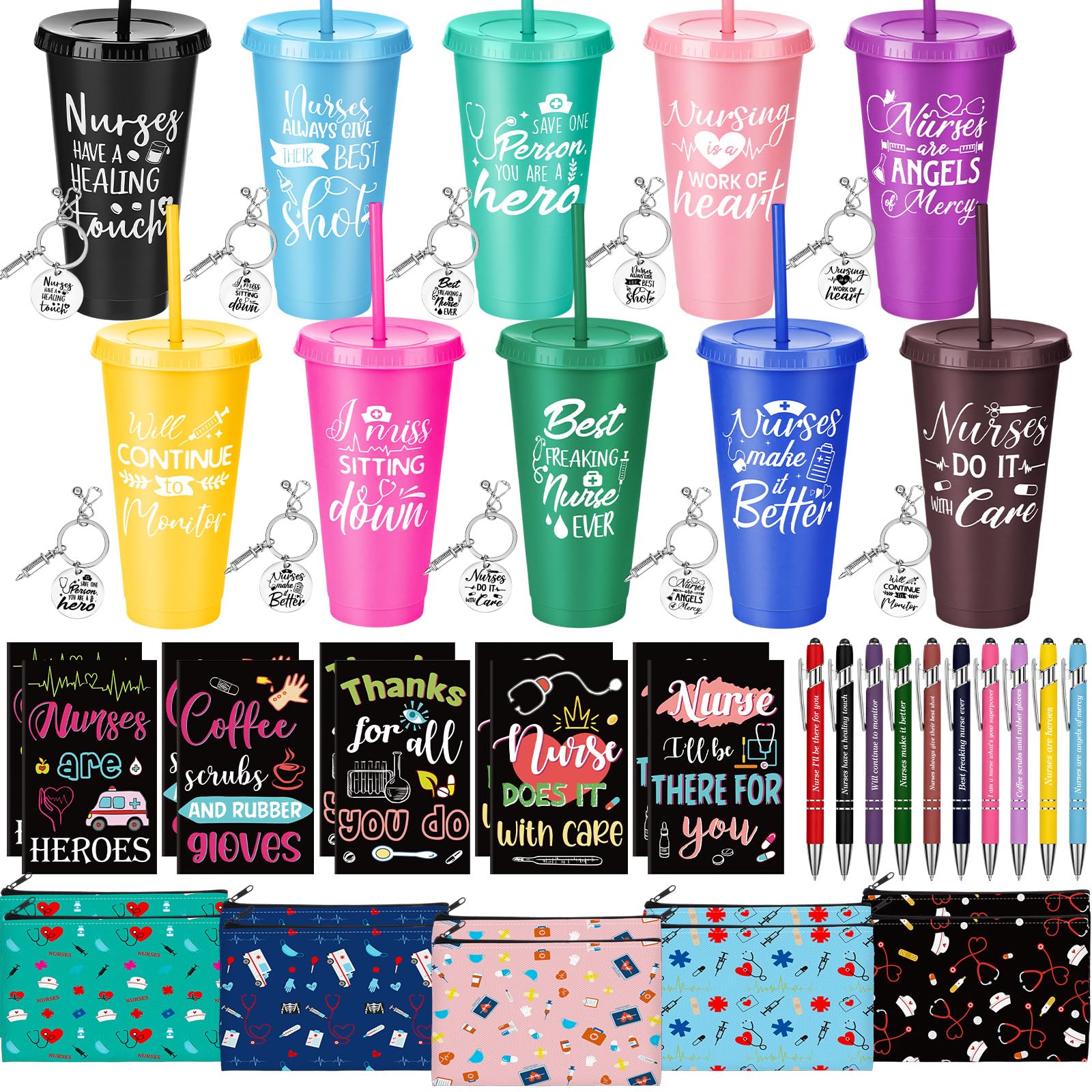 Funnymoom 50 Pcs Nurse Appreciation CNA Week Gifts Bulk 24oz Colorful Tumblers with Lids Nurse Makeup Bags Keychains Mini Notebo
