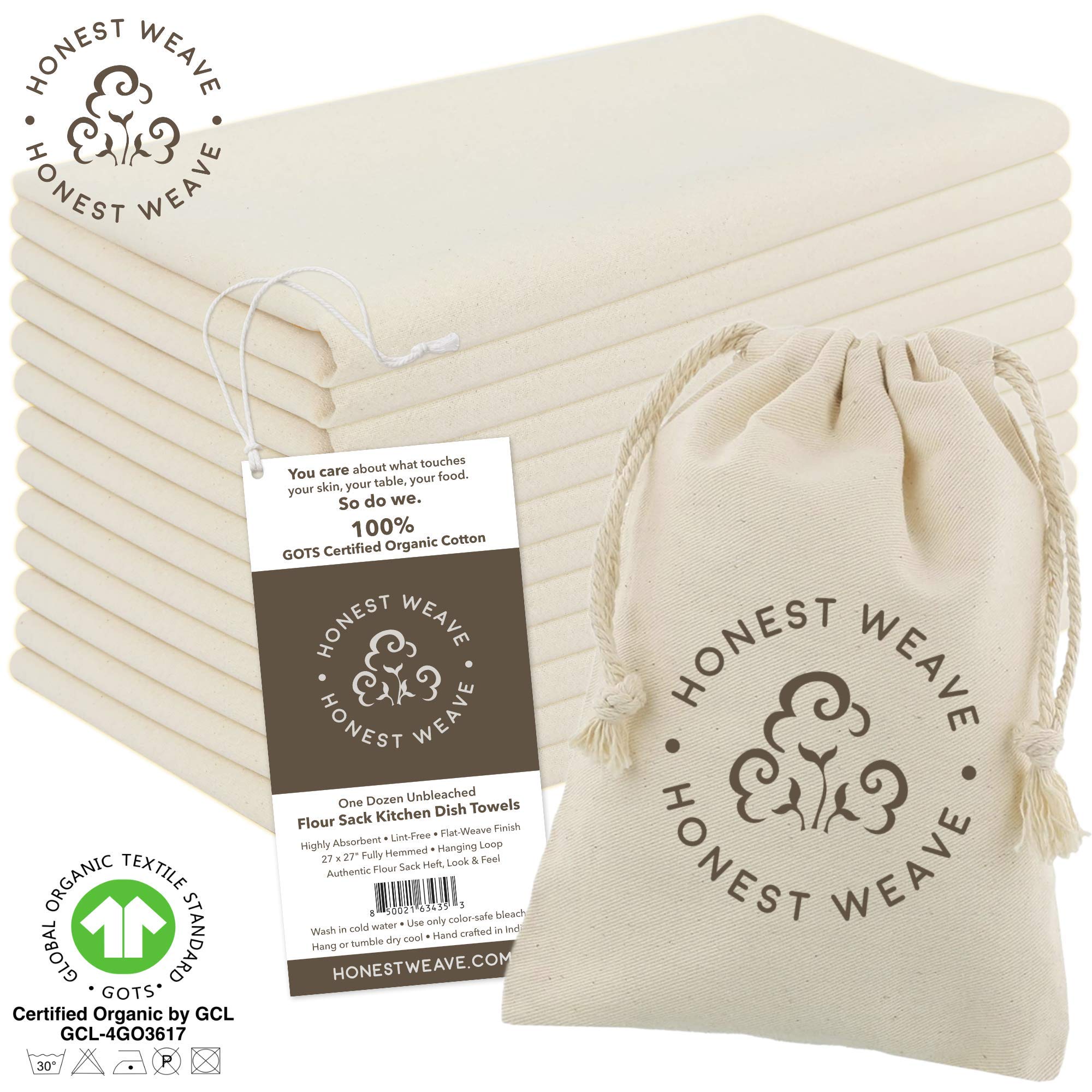 Honest Weave Gots Certified 100% Organic Flour Sack Cotton Kitchen Hand And Dish Towel Sets - Extra Large 27X27 Inches, Fully He