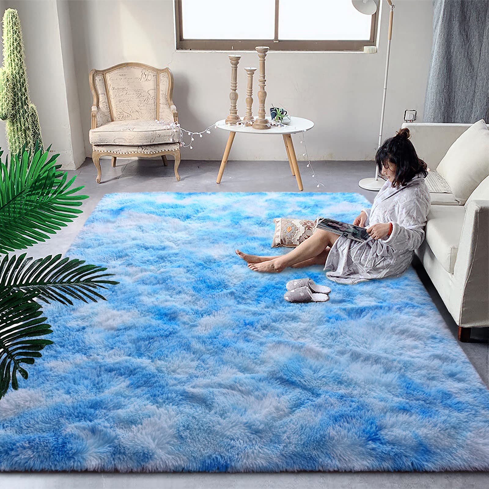 DweIke Fluffy Modern Area Rugs for Living Room Bedroom, 3x5 ft Plush High Pile Blue Rug for Kids Girls Room Nursery Home Decor, 