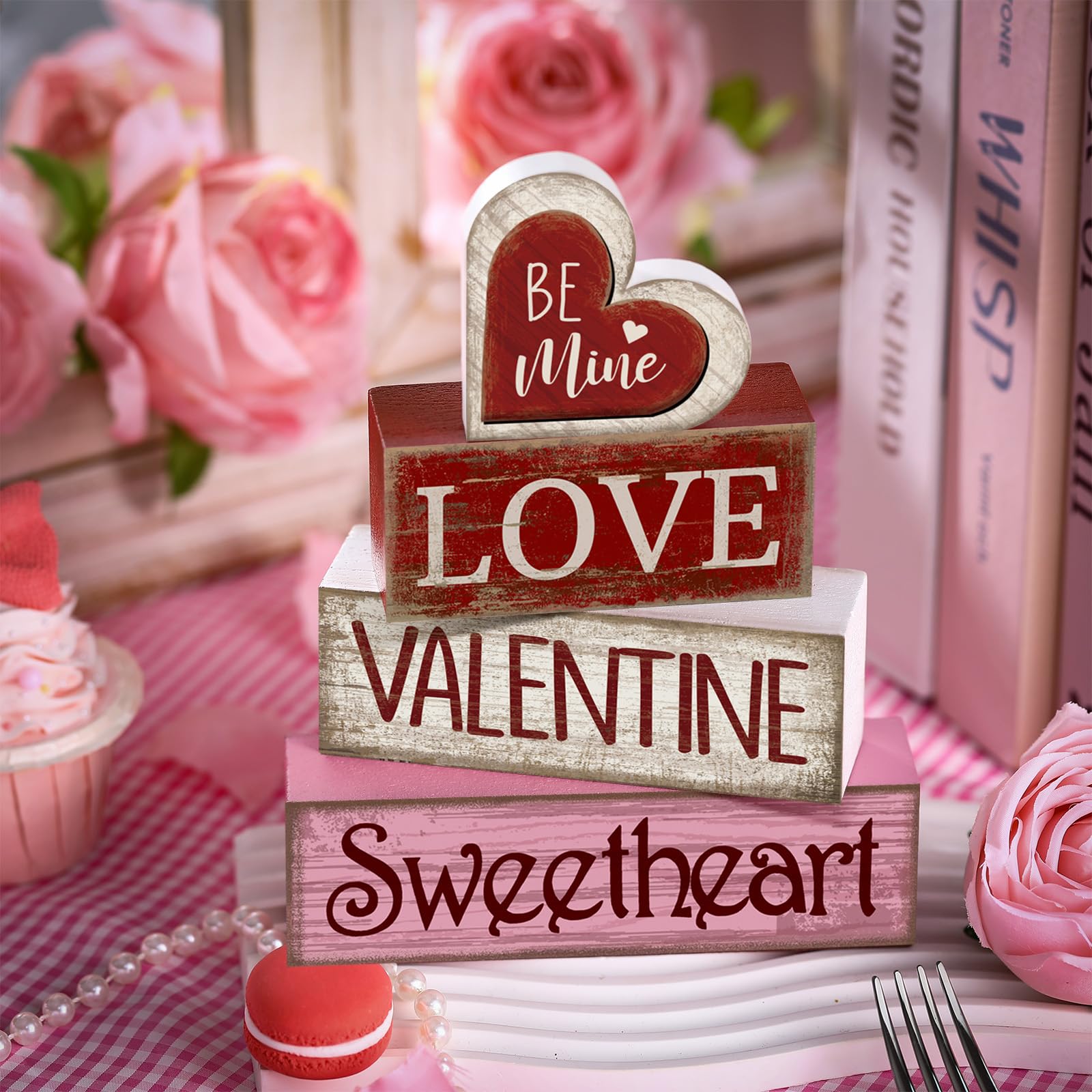 Lineshading 4 Pcs Valentine Table Decor Wooden Red Love Decoration, Valentine s Day Be Mine Centerpiece, Valentine Tiered Tray