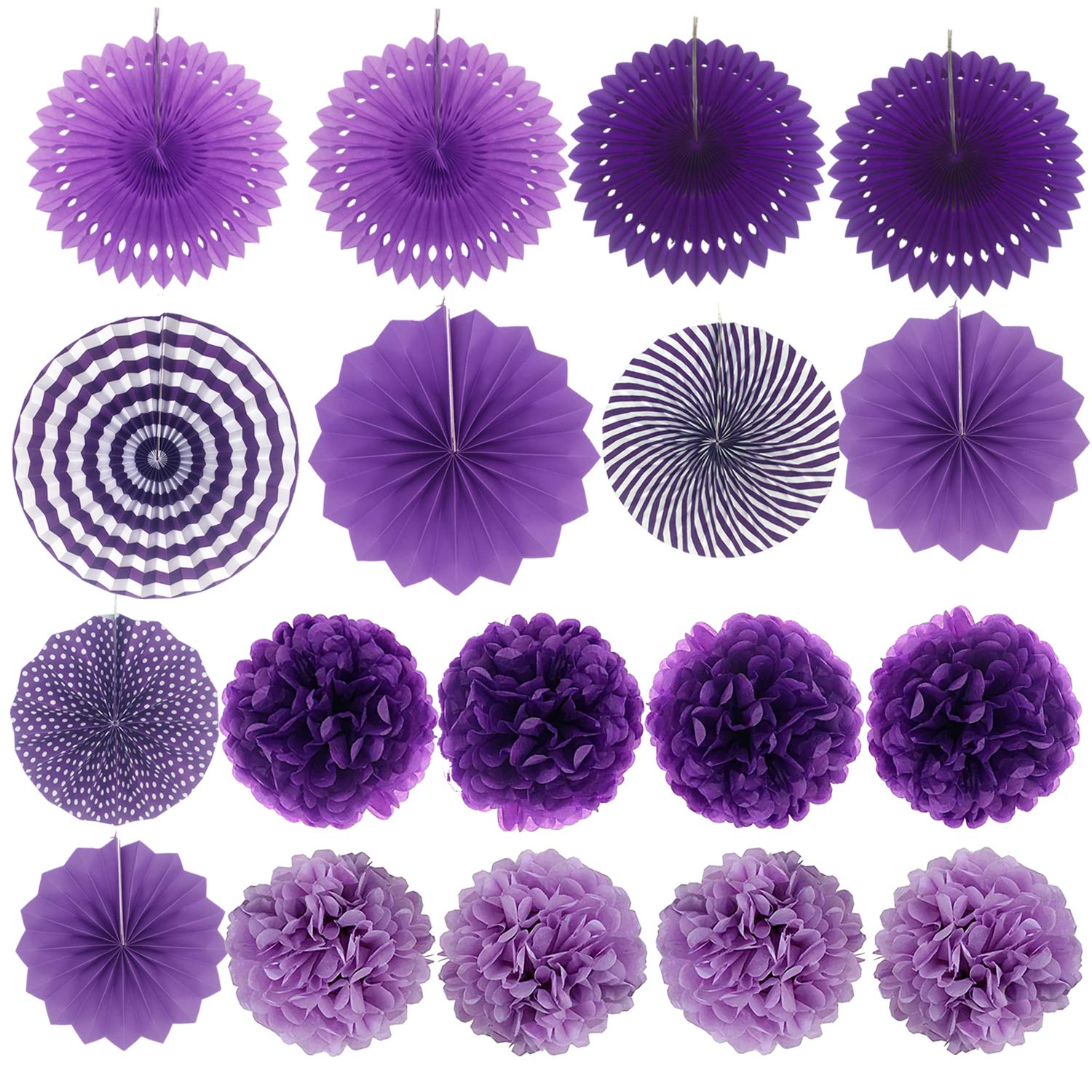 ZERODECO Party Decoration  21 Pcs Purple and Lavender Hanging Paper Fans  Pom Poms Flowers  Garlands String Polka Dot and Triangle Bunting Flags for Birthday Parties  Wedding  Mermaid Party