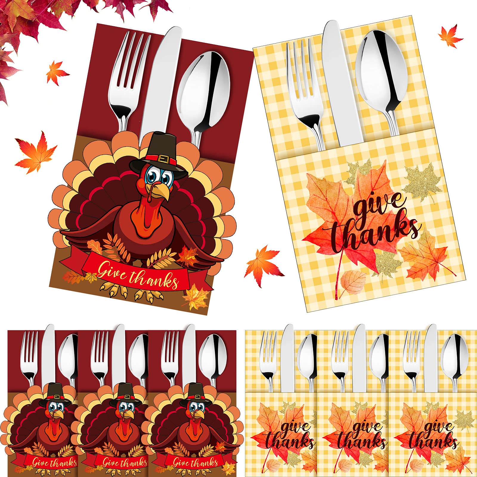 36 Pieces Thanksgiving Utensil Cutlery Holders Cutlery Wraps Bag With Maple Leaf And Turkey Give Thanks Cutlery Pouch Holder Sil