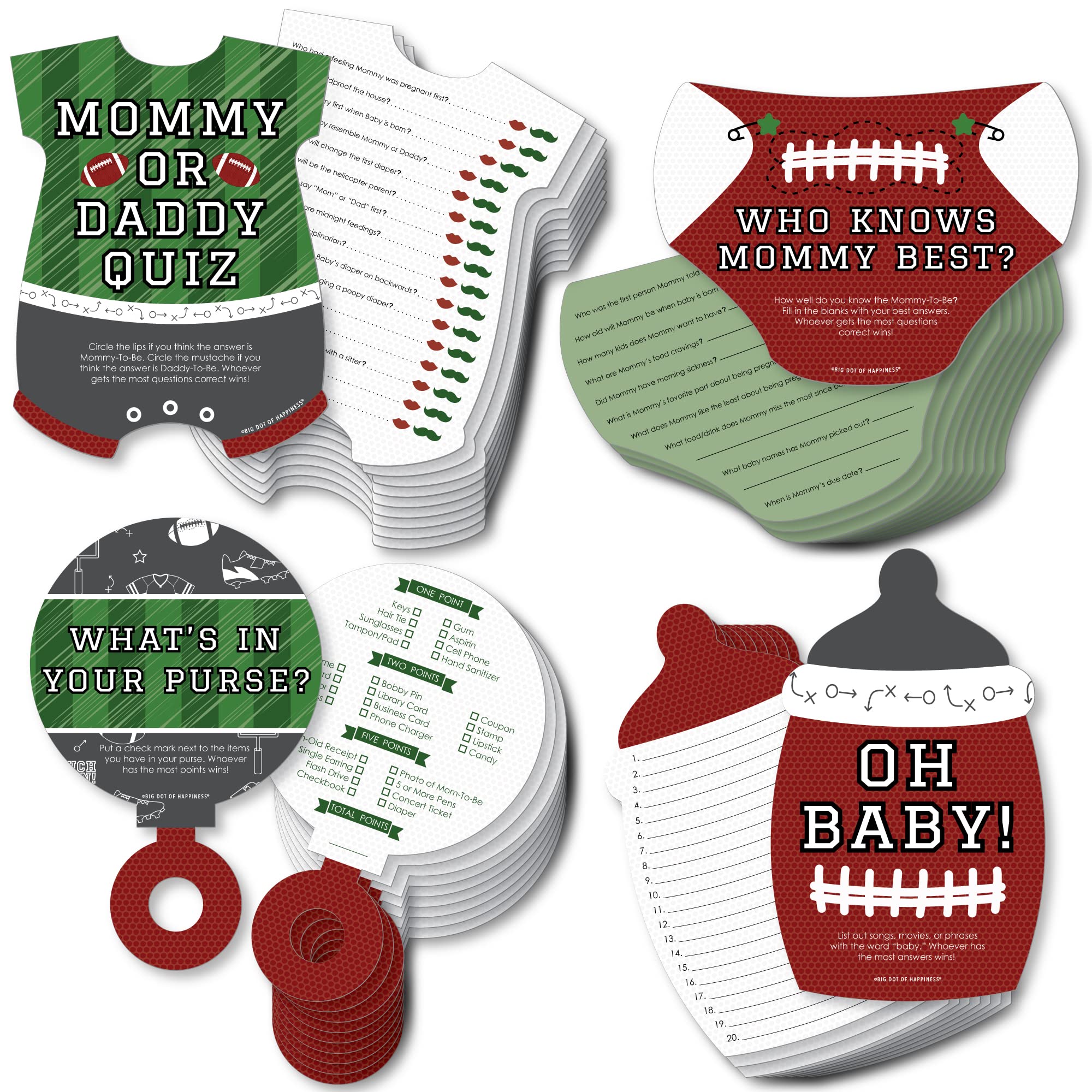 Big Dot Of Happiness End Zone - Football - 4 Baby Shower Games - 10 Cards Each - Gamerific Bundle