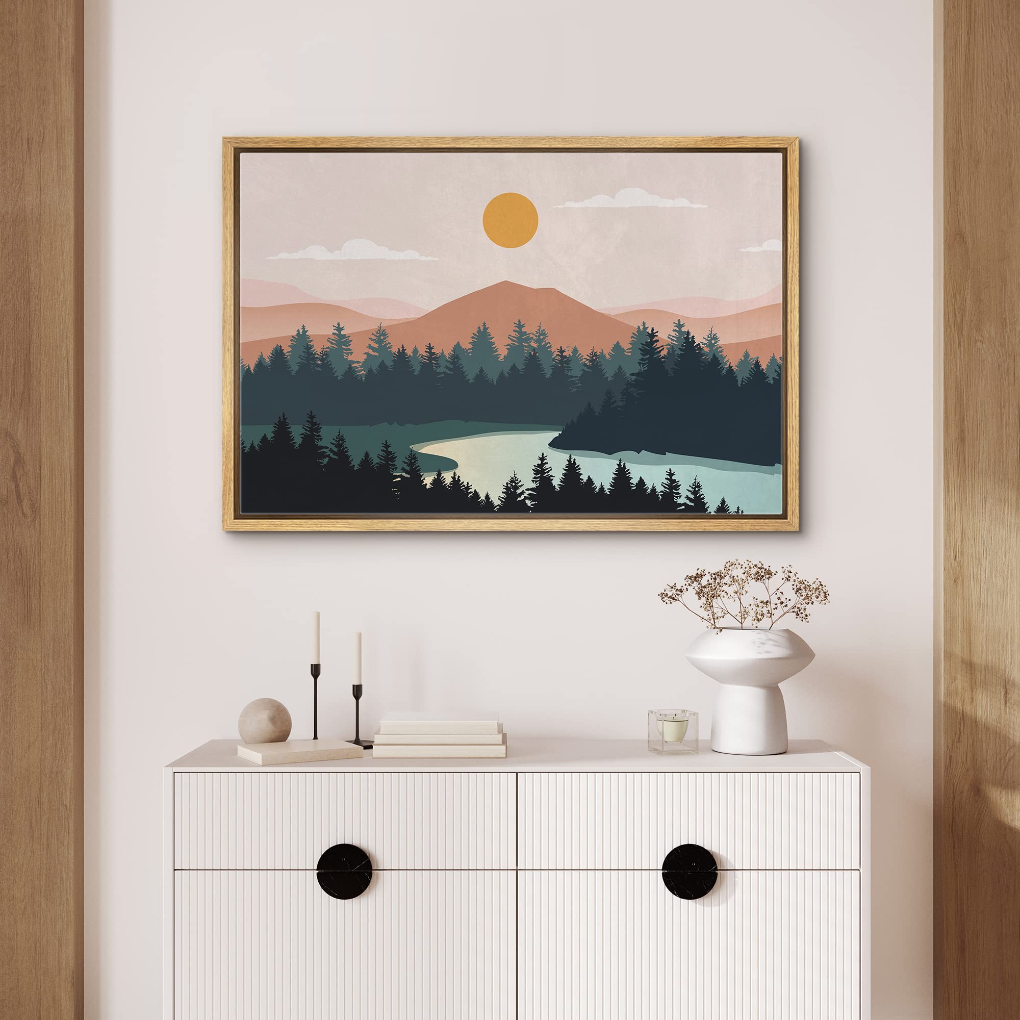 Signford Framed Canvas Print Wall Art Woodland Nursery Decor Geometric Pastel Mountain Range Nature Wilderness Modern Art Decora