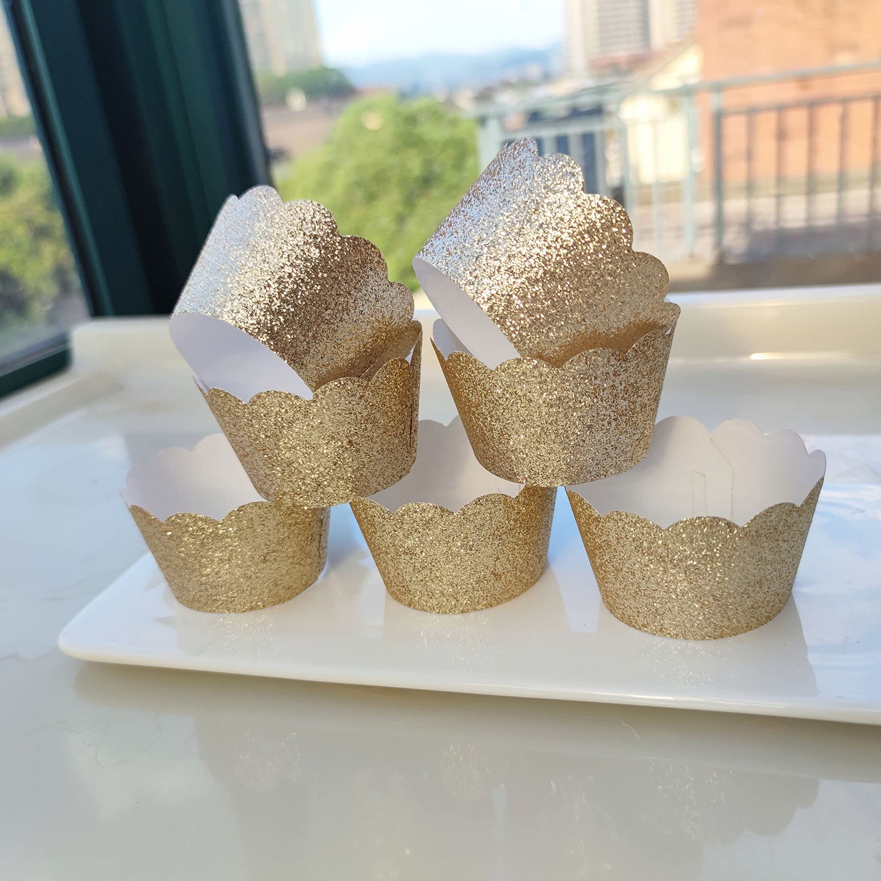 Mybbshower Glitter Gold Scalloped Cupcake Wrappers For Baby Shower 1St Birthday Supplies New Year Eve Cake Decoration Pack Of 24
