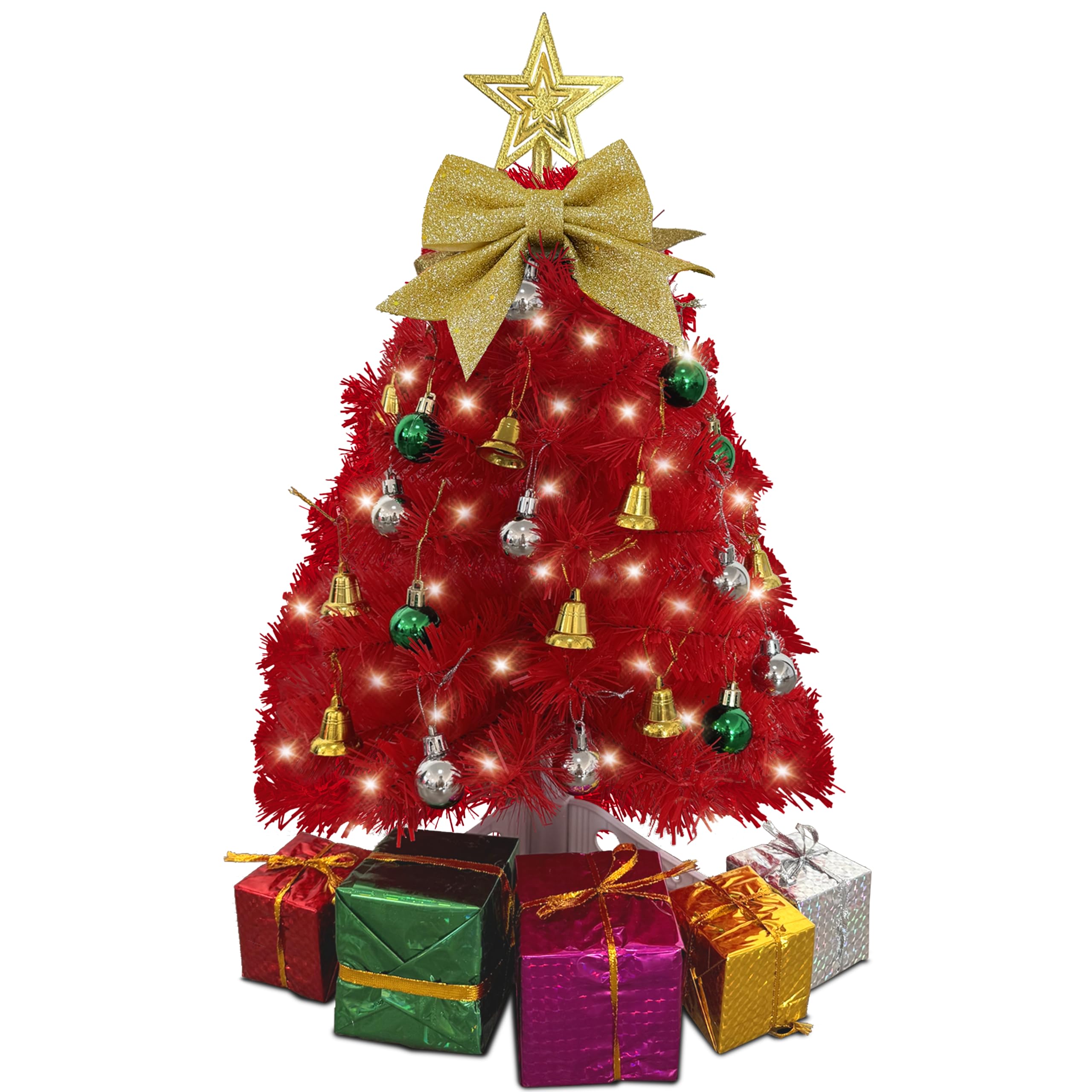 Small Red Christmas Tree with Lights - 23 Inch Mini Tabletop Christmas Tree with Warm-White LED Lights, Hanging Ornaments, Decor