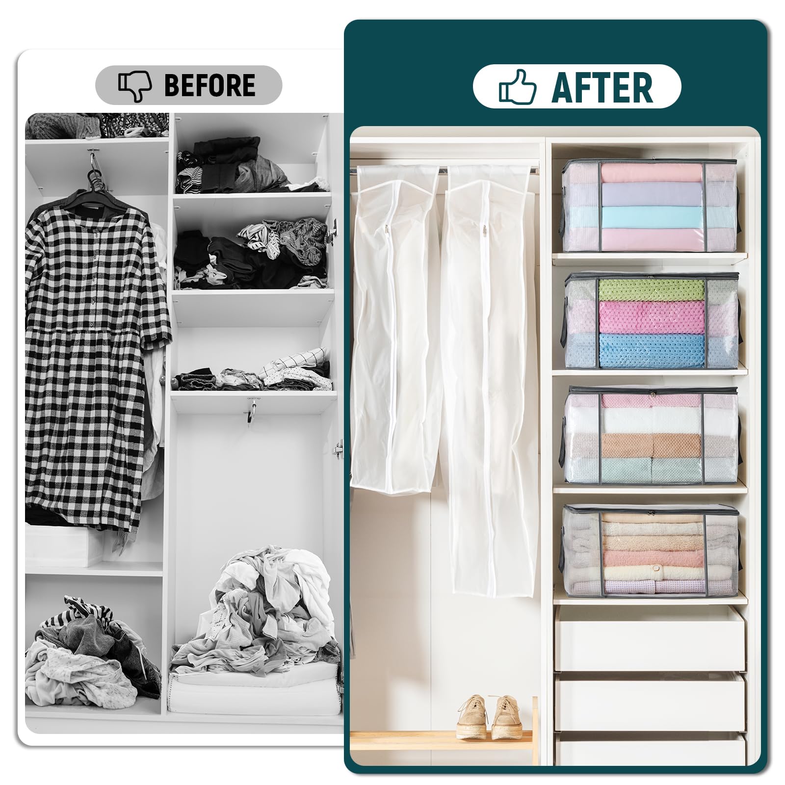 LANDNEOO 6-Pack Clothes Storage Bags, Plastic Foldable Blanket Storage bins, Closet Organizer Container for Bedroom, Bedding, Co