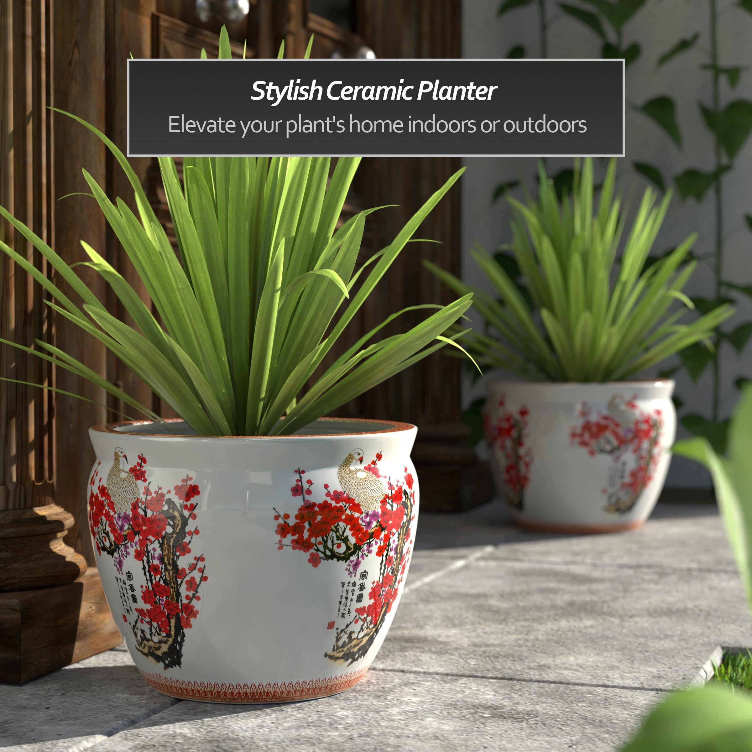 Red Lantern 16 Cherry Blossom Porcelain Fishbowl Planter