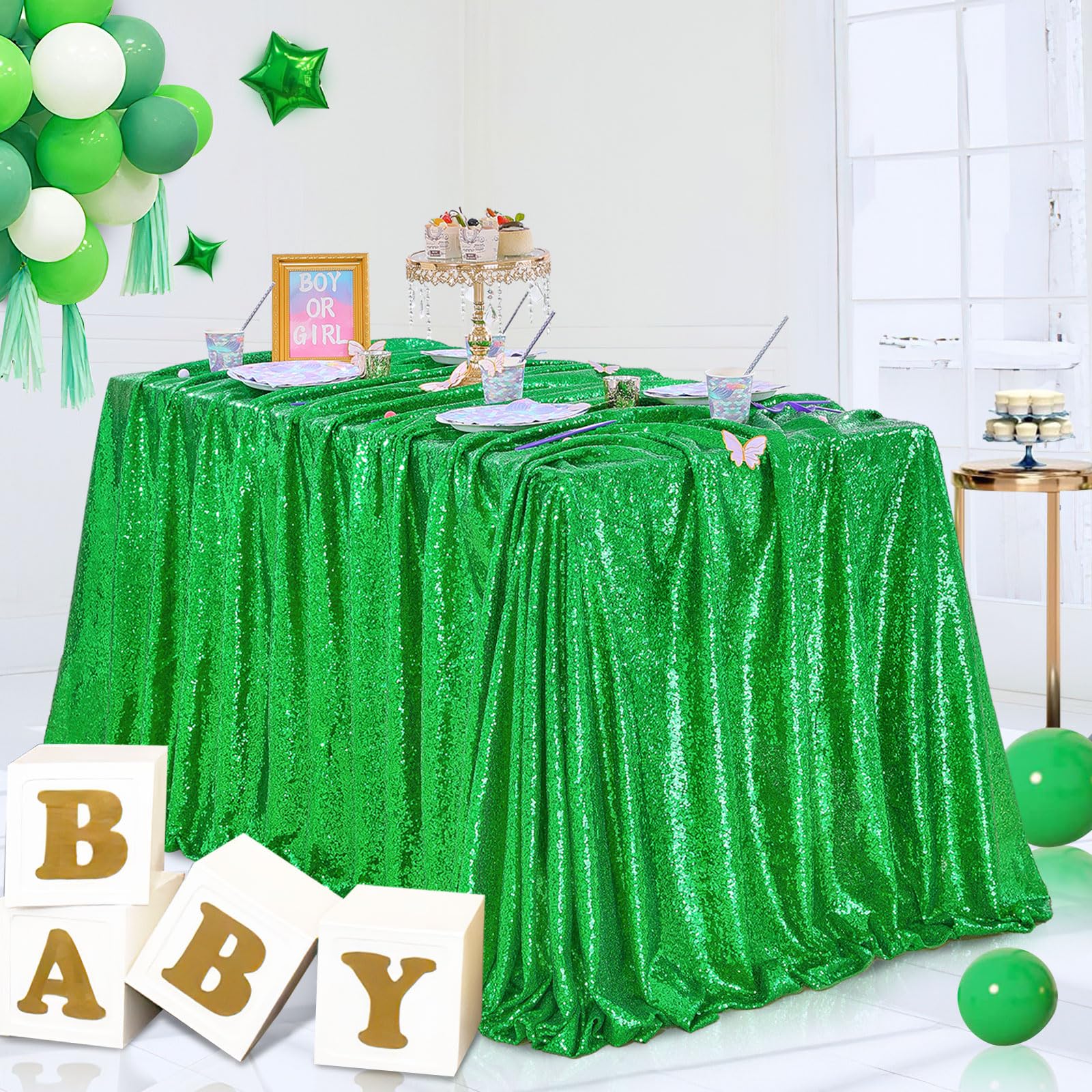 Queendream 60X102 Inches Green Table Clothes For Parties Birthday Wedding Sequin Tablecloth Cake Table Holiday Banquet Decoratio