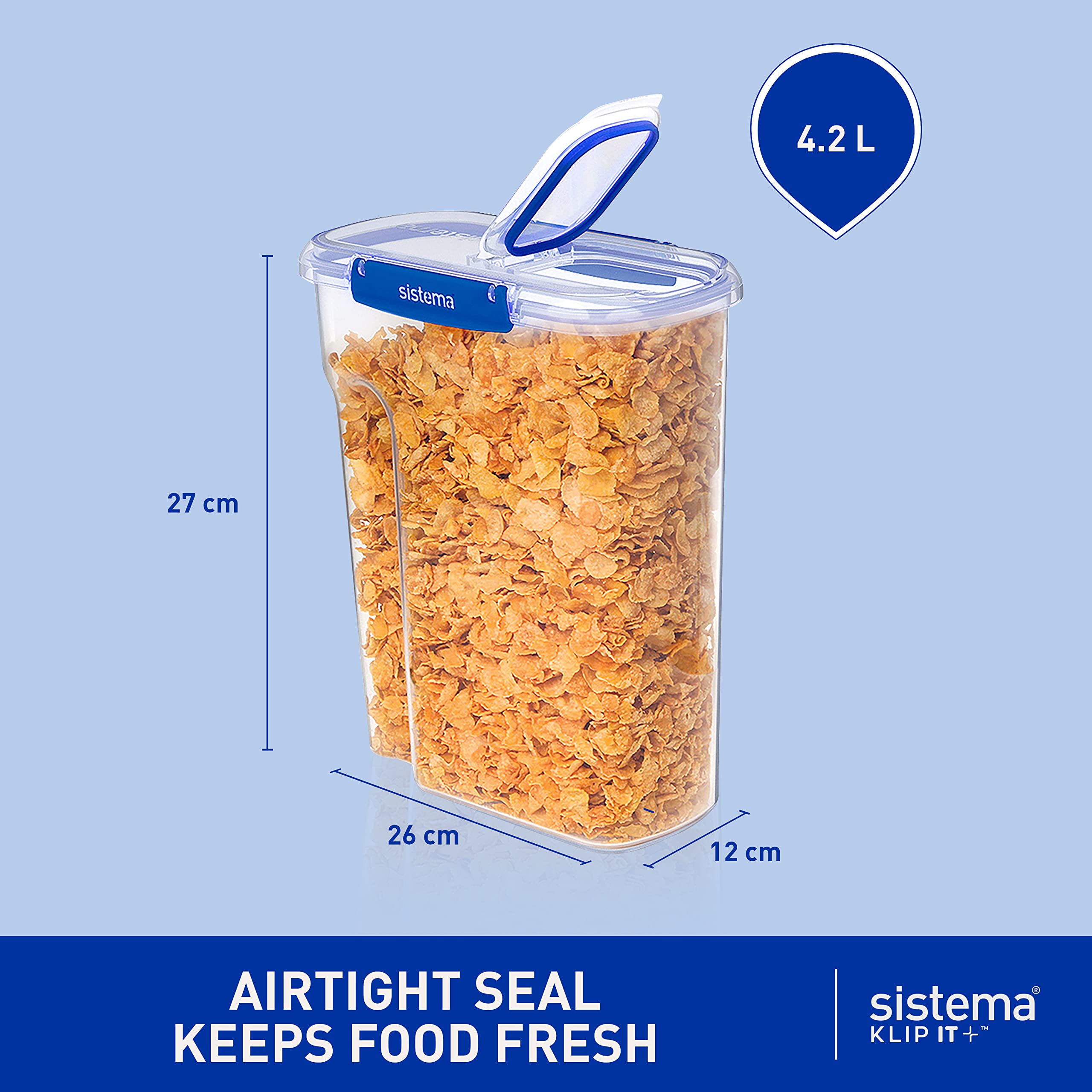Sistema Klip It Plus Cereal Storage Container | Airtight 4.2 Litre Food Pantry Storage Container | 4.2L | Bpa-Free