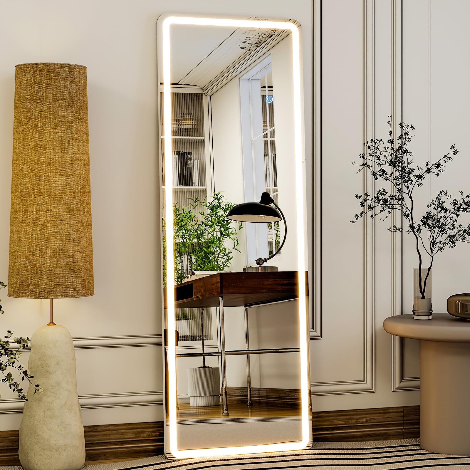 GLSLAND LED Full Length Mirror - 56 x 20 Floor Standing Mirror with Light for Bedroom/Cloakroom -Dimmable & 3 Color Lighting/Wal