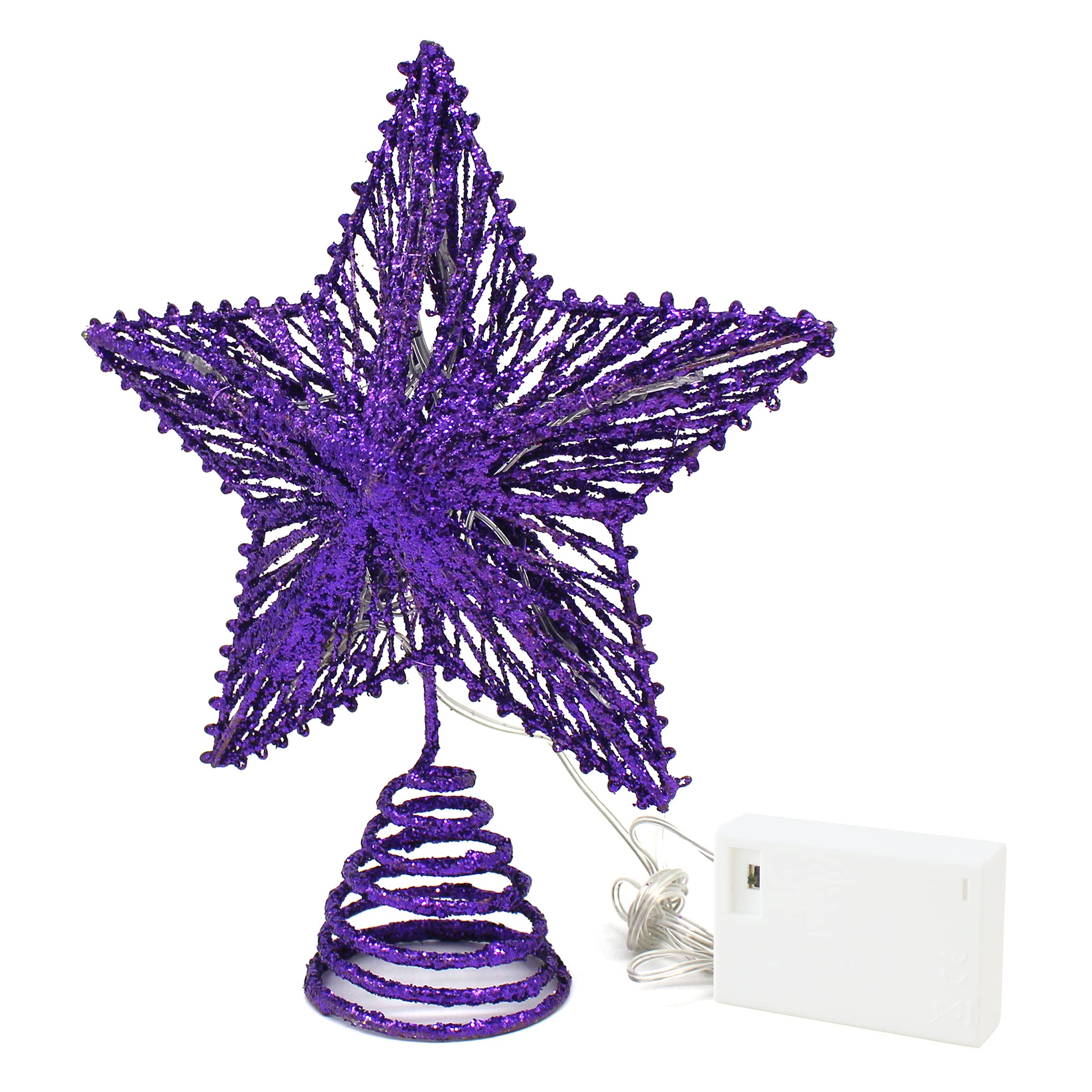 CVHOMEDECO. Purple Glittered 3D Tree Top Star with Warm White LED Lights and Timer for Christmas Tree Decoration and Holiday Sea