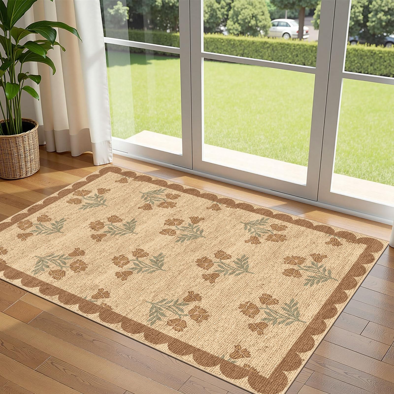 Othilic 3x5 Floral Entry Rug - Small Washable Indoor Outdoor Mats for Front Door Non-Slip Jute-Look Porch Rug Boho Tan Scalloped