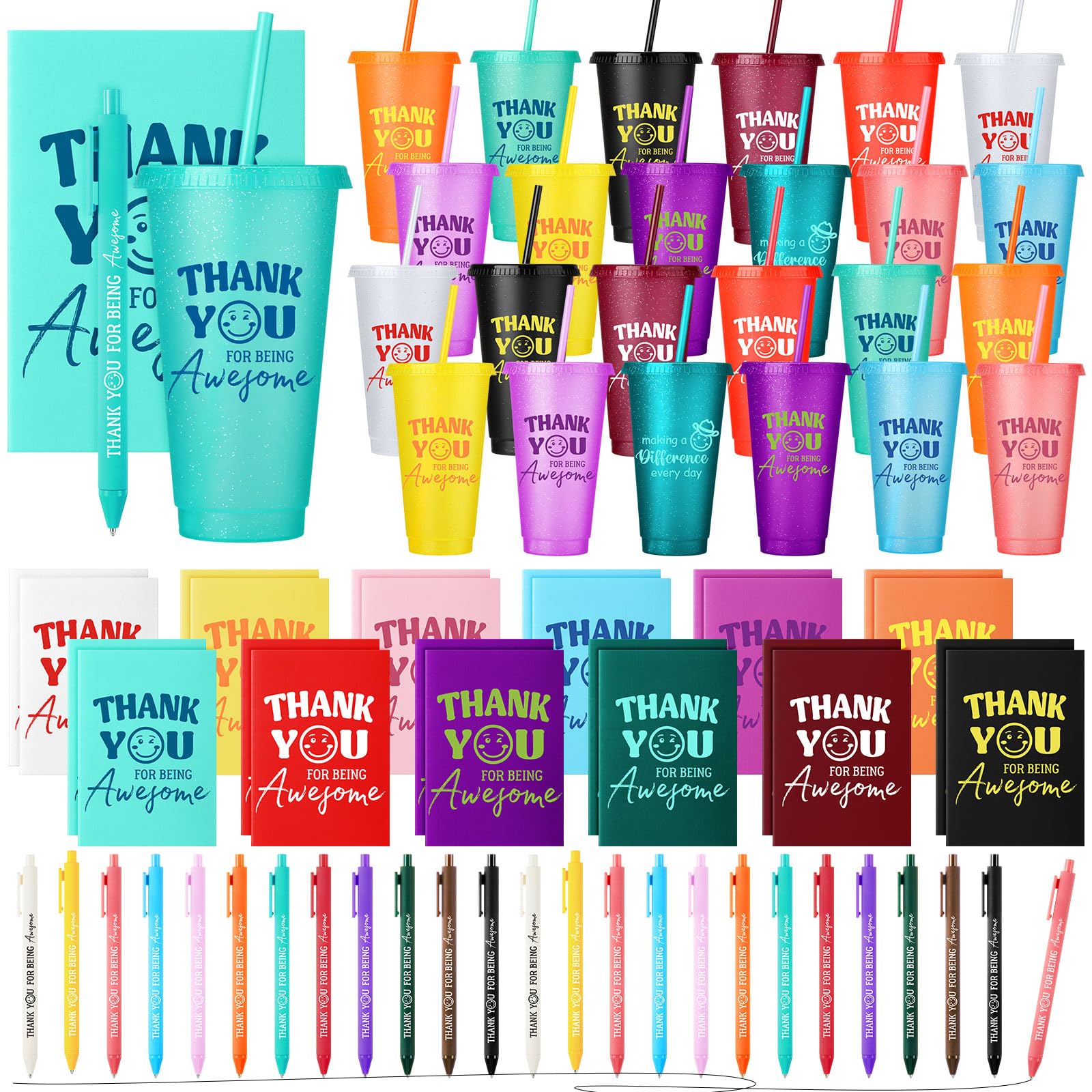 Feifeiya 72 Pcs/ 24 Set Thank You Supplies Bulk 24 oz Staff Coworker Appreciation Tumbler with Lids and Straws Motivational Pens