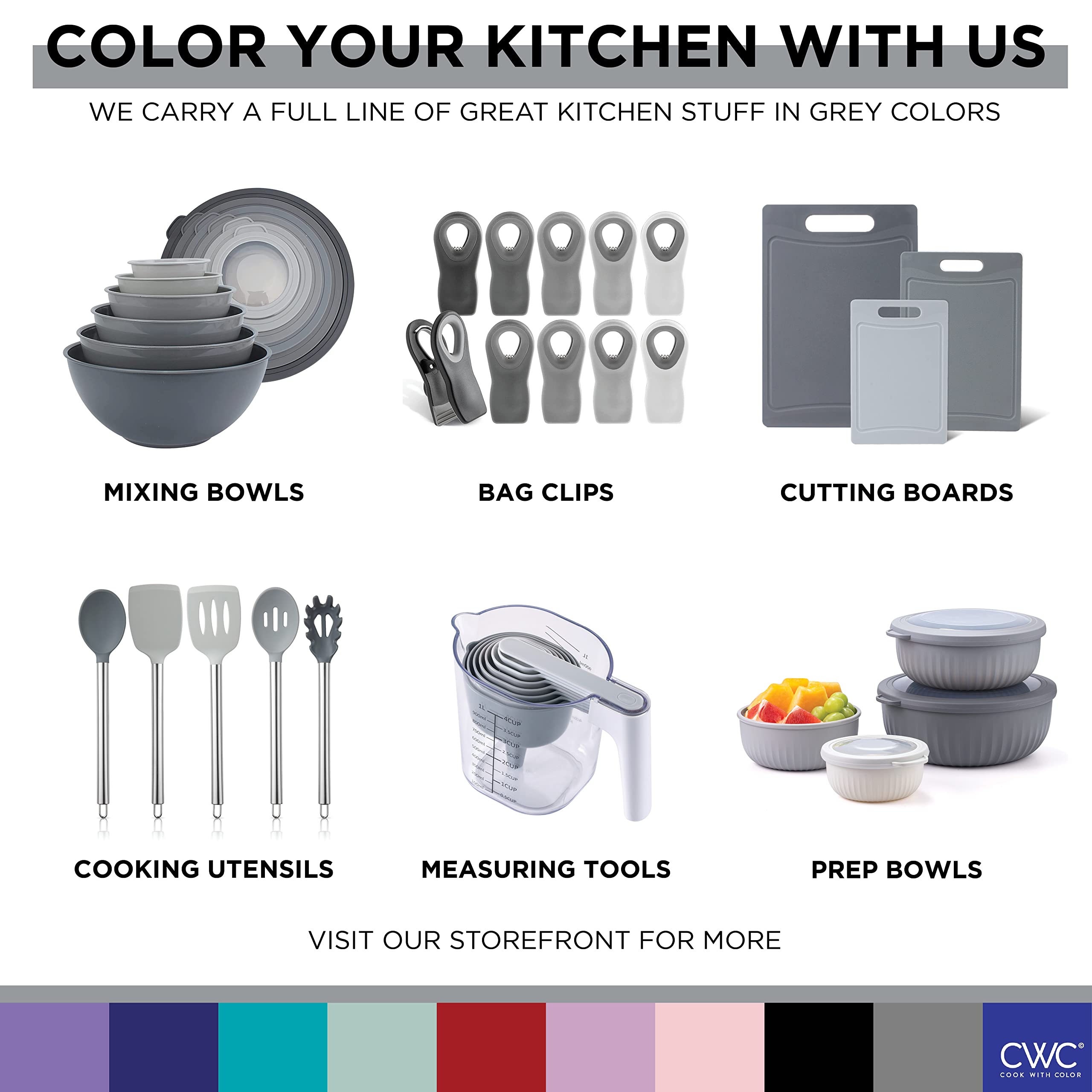 COOK WITH COLOR Silicone Cooking Utensil Set, 10 Pieces, Easy to Clean, Grey Ombre, Model YBSLS10 GRY