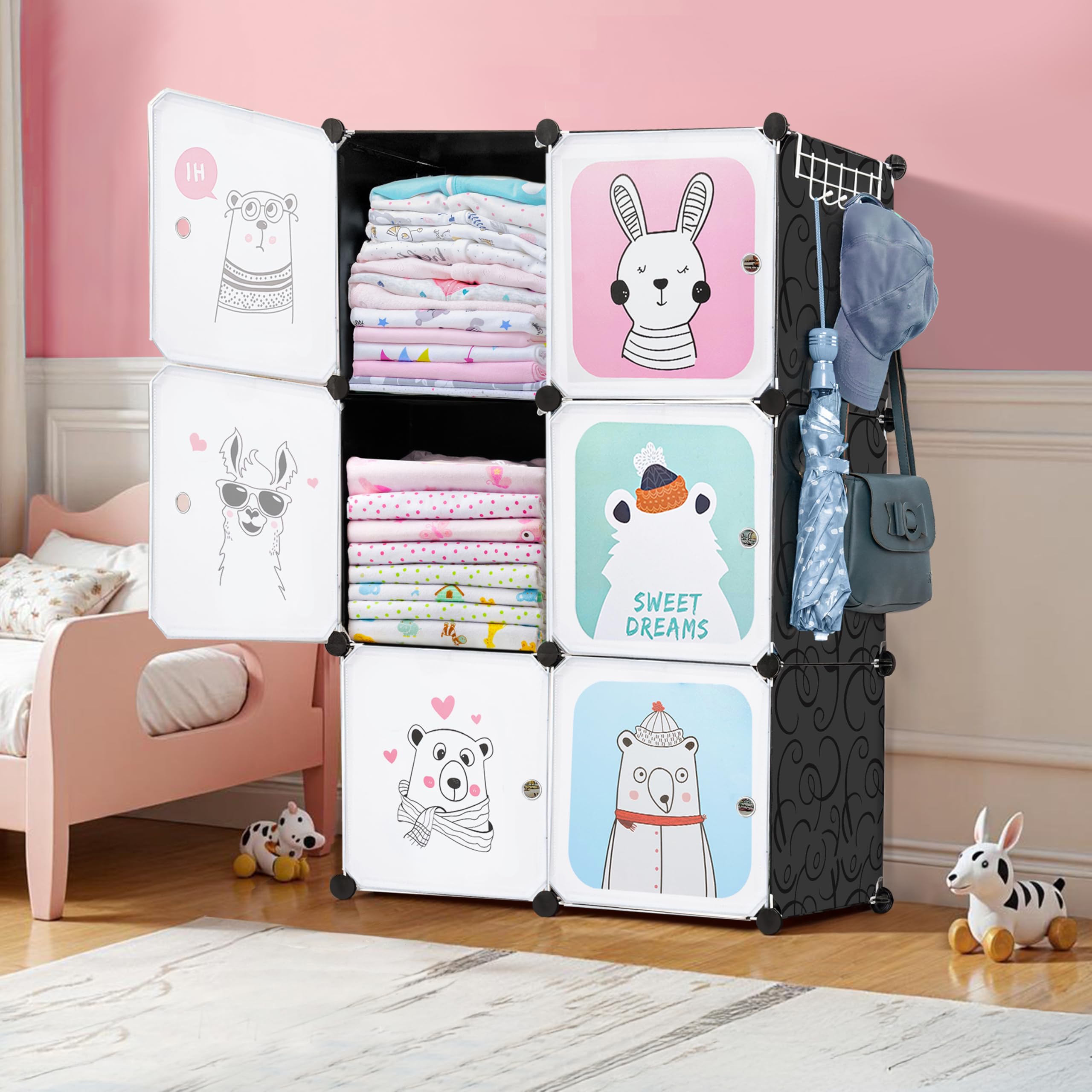 About Space Plastic Kids Wardrobe - Diy 6 Cube Almirah With Cartoon Door, Side Hanger, Door Magnet & Hamer - Collapsible Baby Cl