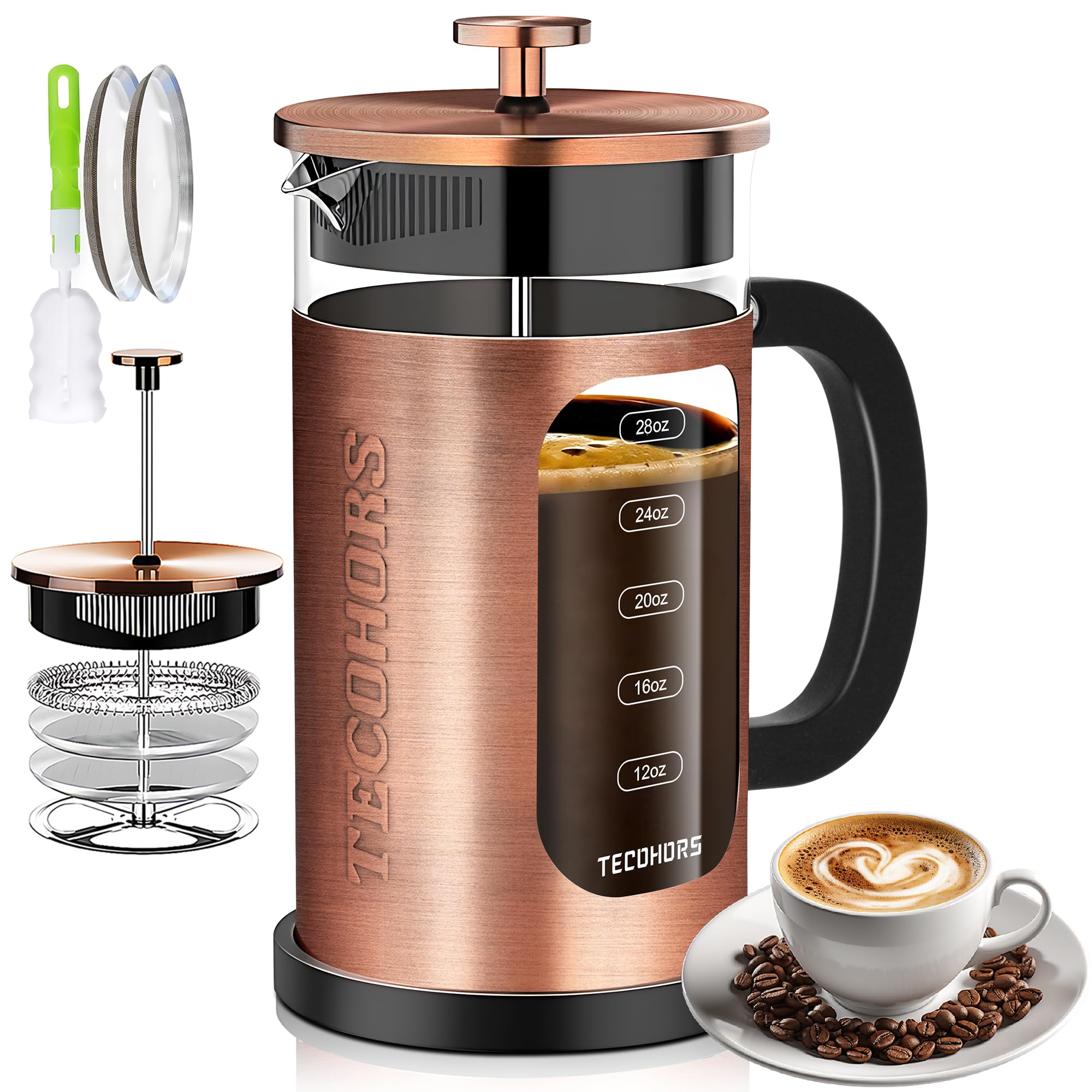 Tecohors French Press Coffee Maker 34Oz / 1 Quart 304 Stainless Steel Coffee Press,With 4 Filters System, Heat Resistant Thickne