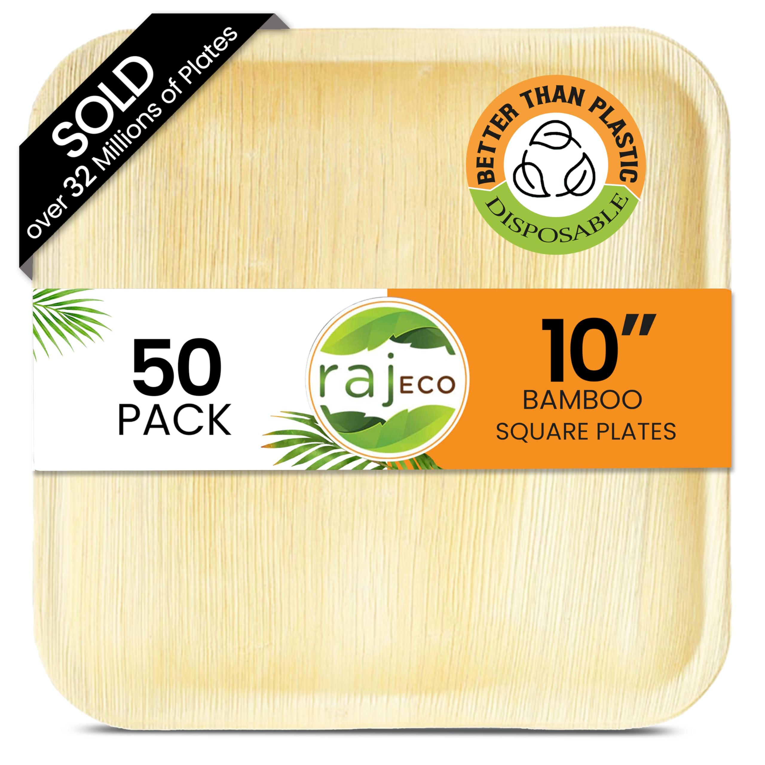 Raj Eco Compostable Palm Leaf Plates Like Bamboo Plates Disposable - 10 Inch Square 50 Party Plates  Natural Wooden  Eco-Friendly  Fancy Biodegradable & Disposable Wedding Picnic Plates