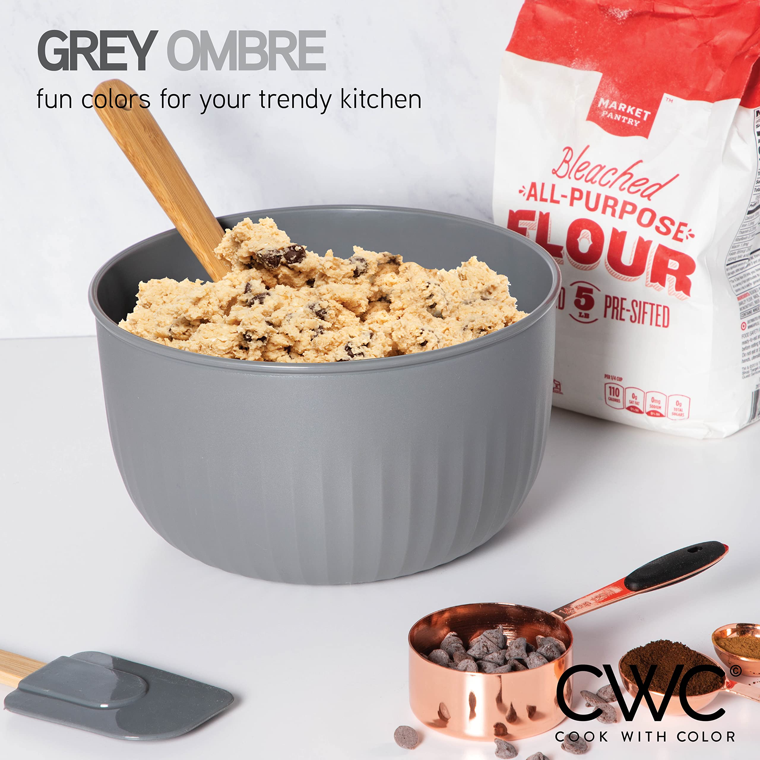 Cook With Color Prep Bowls With Lids- Deep Mixing Bowls Nesting Plastic Small Mixing Bowl Set With Lids (Grey Ombre)