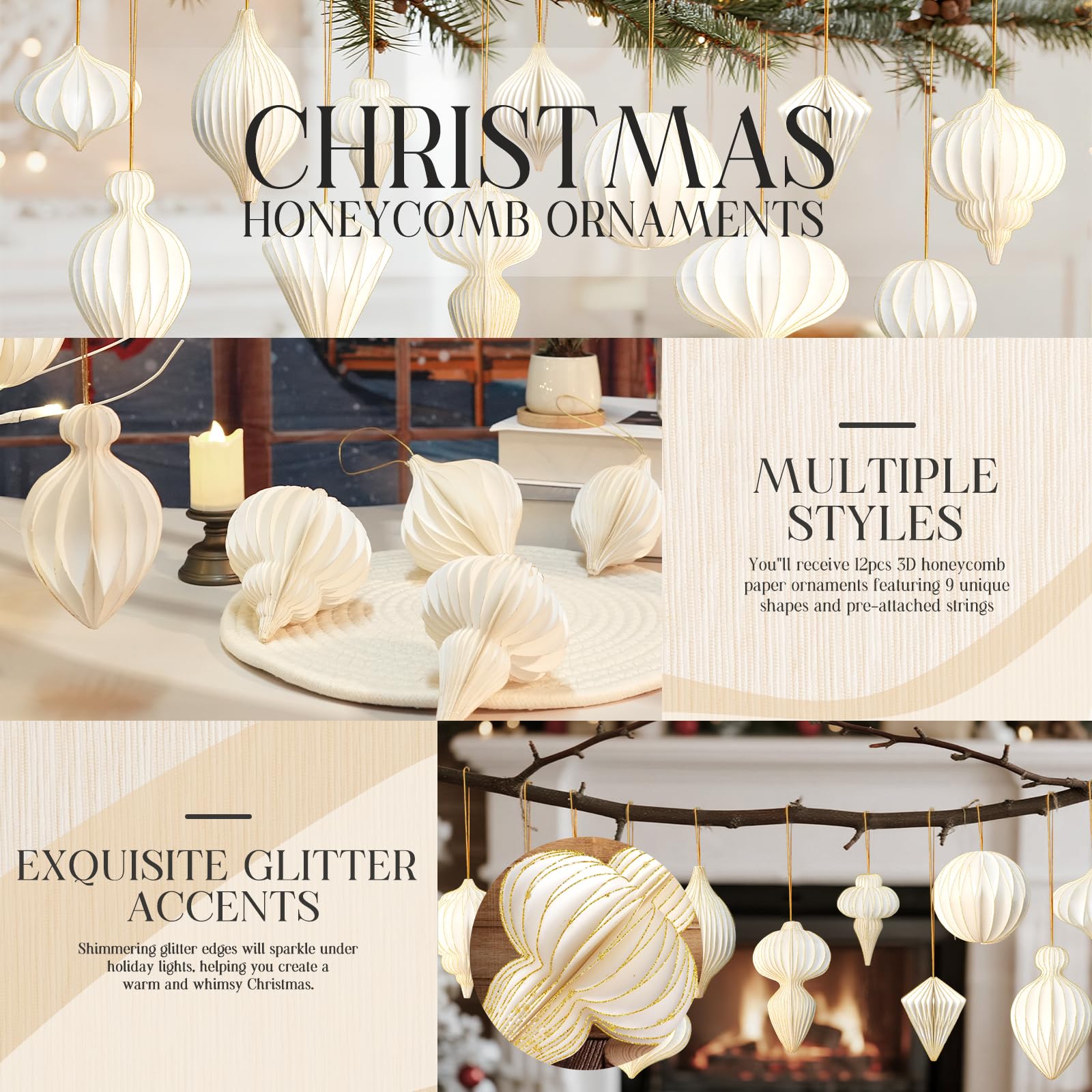 12 Pcs Christmas Paper Honeycomb Ornaments for Tree, 3D Glitter Edge Paper Honeycomb Lanterns Foldable Hanging Decorations for X