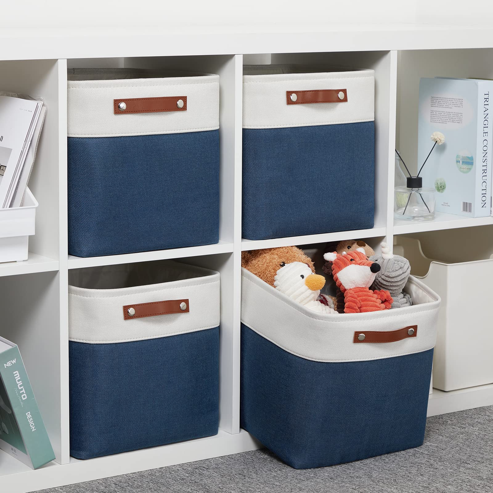 DULLEMELO Foldable Storage Cubes 12 x 12 Organizer Bins Canvas Storage Bins Empty Gift Baskets for Organizing with Durable Leather Handles  Closet Baskets for Nursery Storage(4 Pack - 12 '' White&Blue)