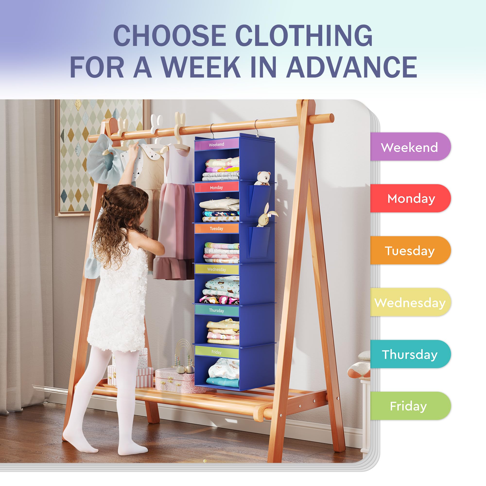Youdenova 6-Shelf Weekly Hanging Closet Organizer, Weekly Clothes Organizers For Kids With 2 Side Pockets, Blue