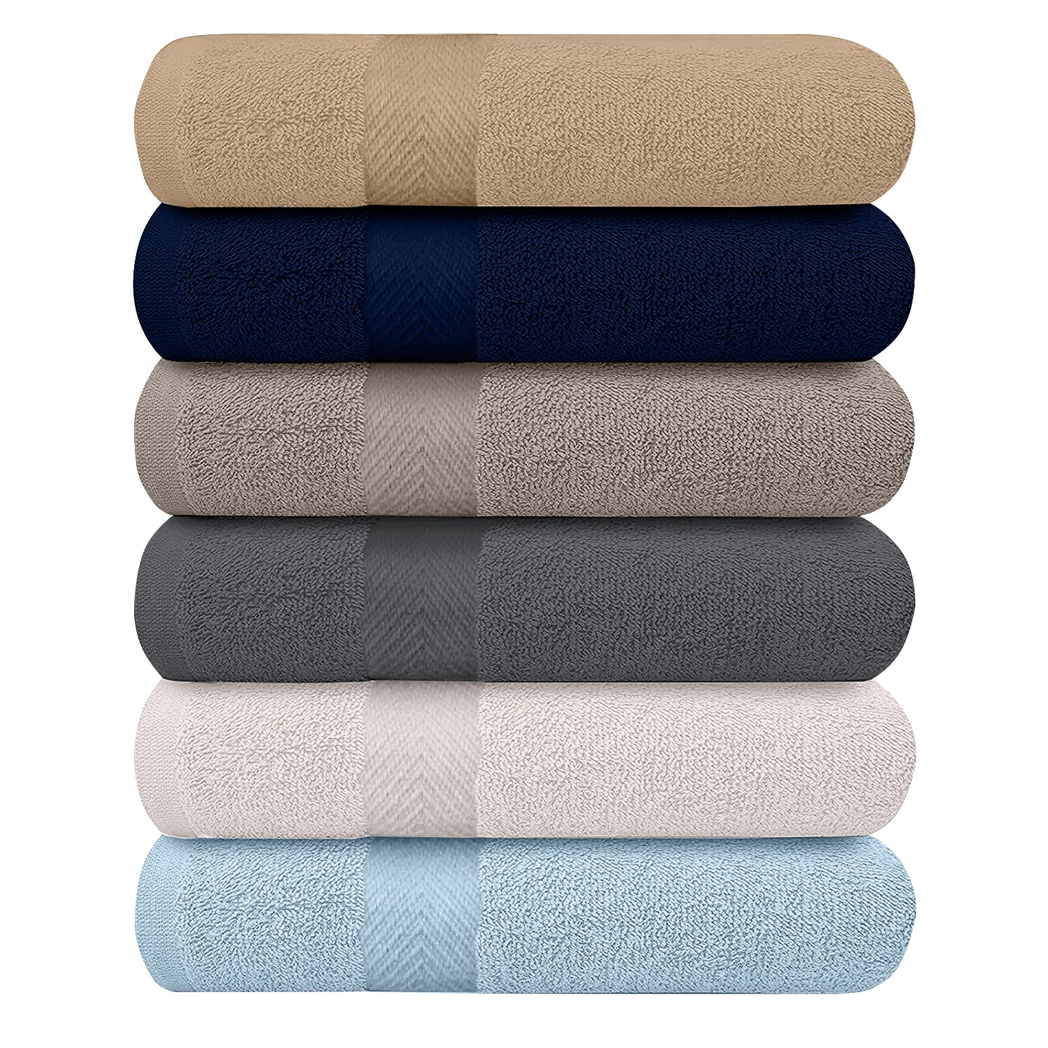 Kahaf Collection 6-Pack Bath Towels - Lightweight - Extra Absorbent - 100% Cotton - Shower Towels (Multi, 27 Inchesx54 Inches)
