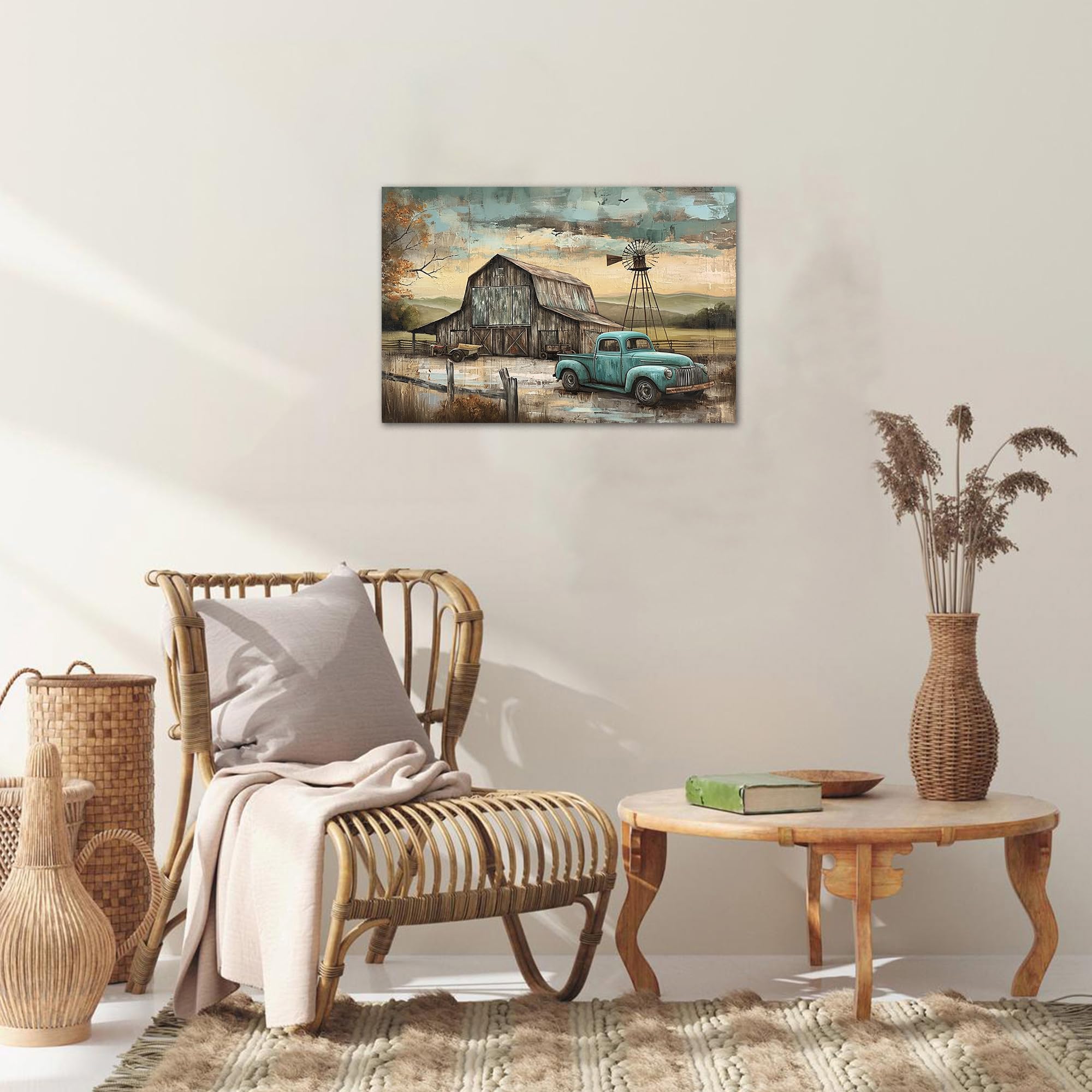 Farmhouse Truck Wall Art, Farmhouse Canvas Wall Art, Farm Picture Wall Art, Country Antique Pickup Truck Canvas Prints, Green Te