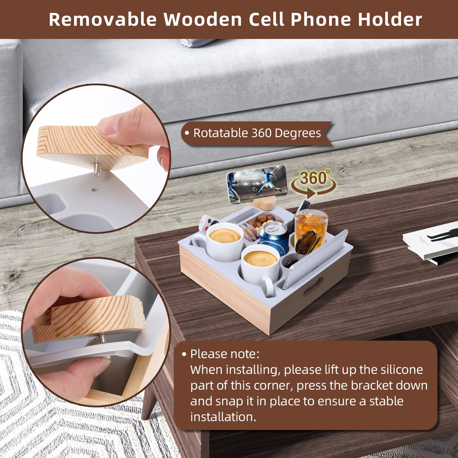 Couch Cup Holder, Couch Caddy With Rotatable Phone Holder, Wooden Sofa Cup Holder With Carrying Handle For Bed Car Beach Organiz