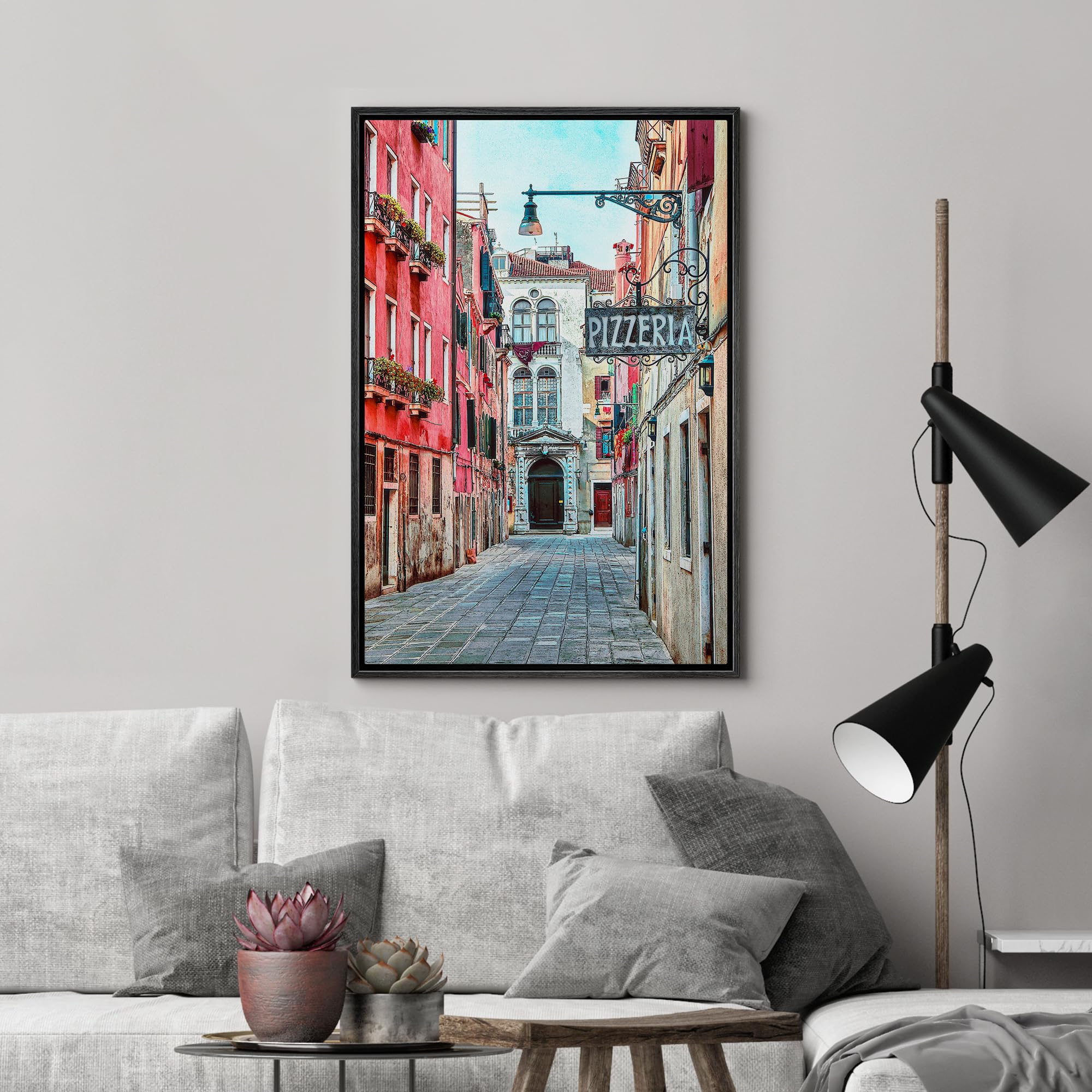Wall26 Framed Canvas Wall Art Quaint Street In Historic Venice, Italy With Pizzeria Sign - Gallery Wrap Modern Home Art | Ready