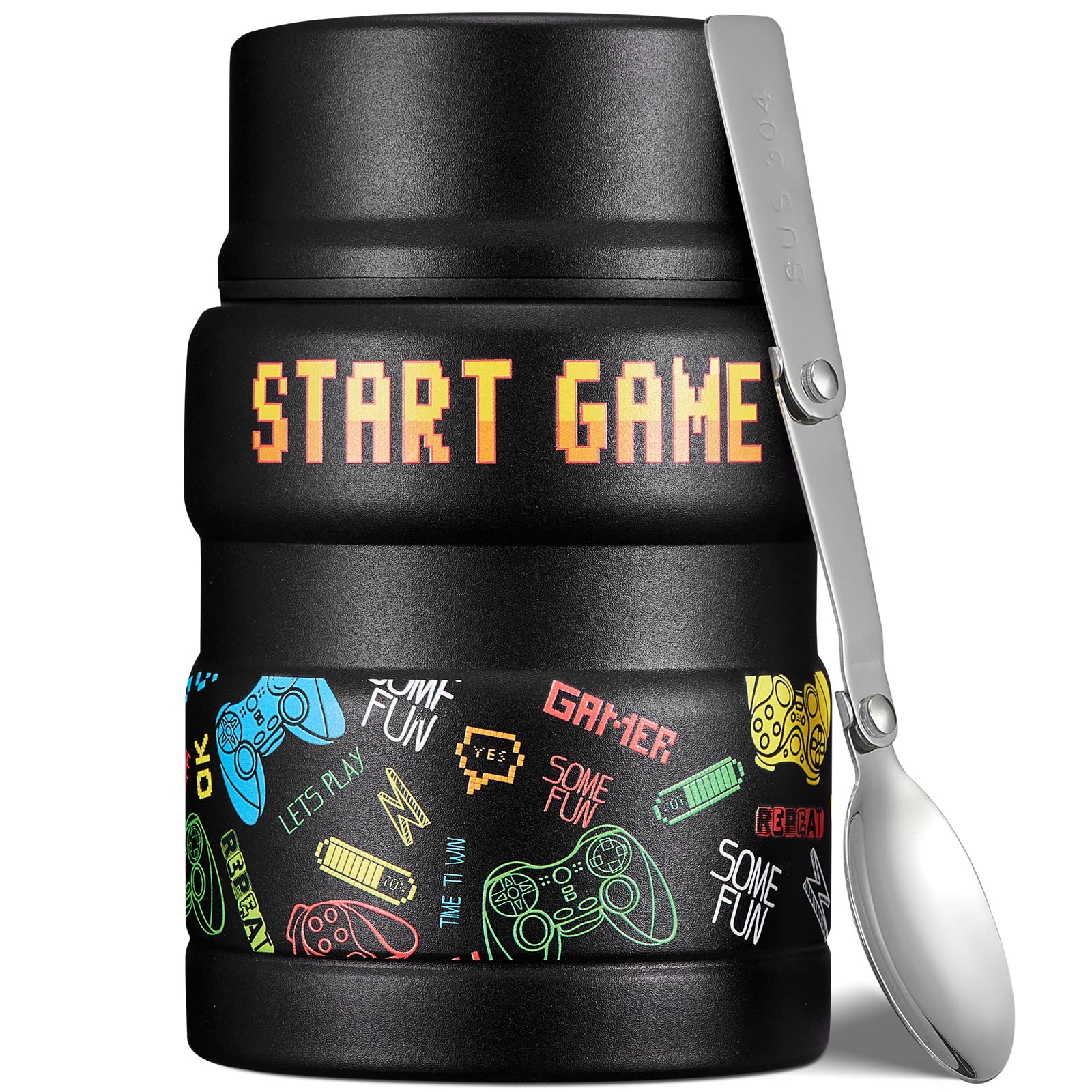 Charcy 17Oz Kids Thermo For Hot Food - Soup Thermo With Folding Spoon - Insulated Food Jar For Hot & Cold Food - Black Game