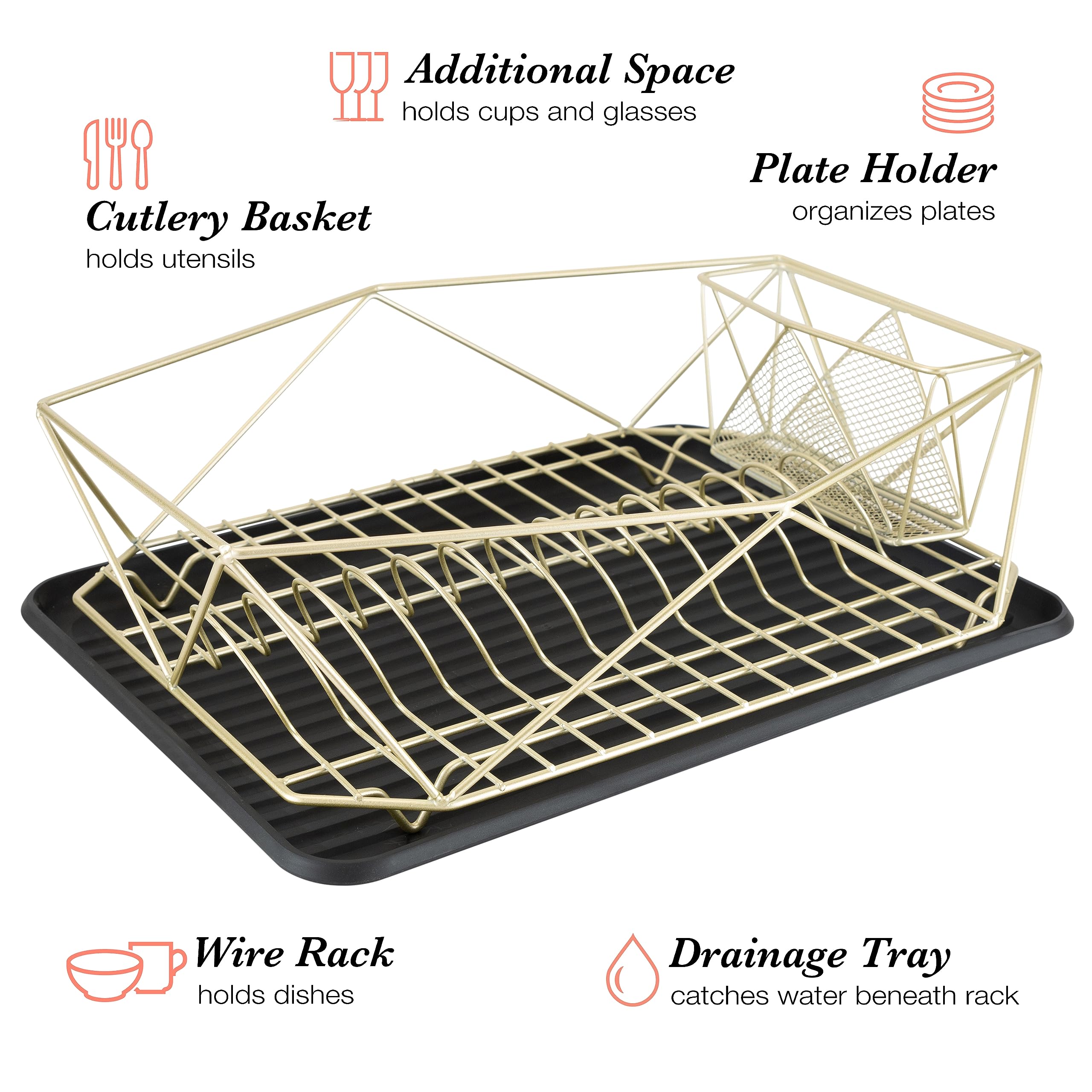 Kitchen Details Geode Deluxe Dish Drying Rack With Drain Board | Cutlery Basket | Utensil Holder | Iron Frame | Satin Gold
