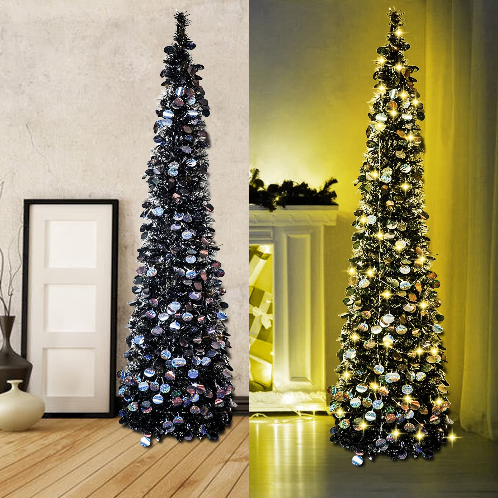 Black Halloween Christmas Tree with 50 Lights,5ft Pop Up Artificial Collapsible Pencil Tinsel Trees for Bedroom Decorations Holi