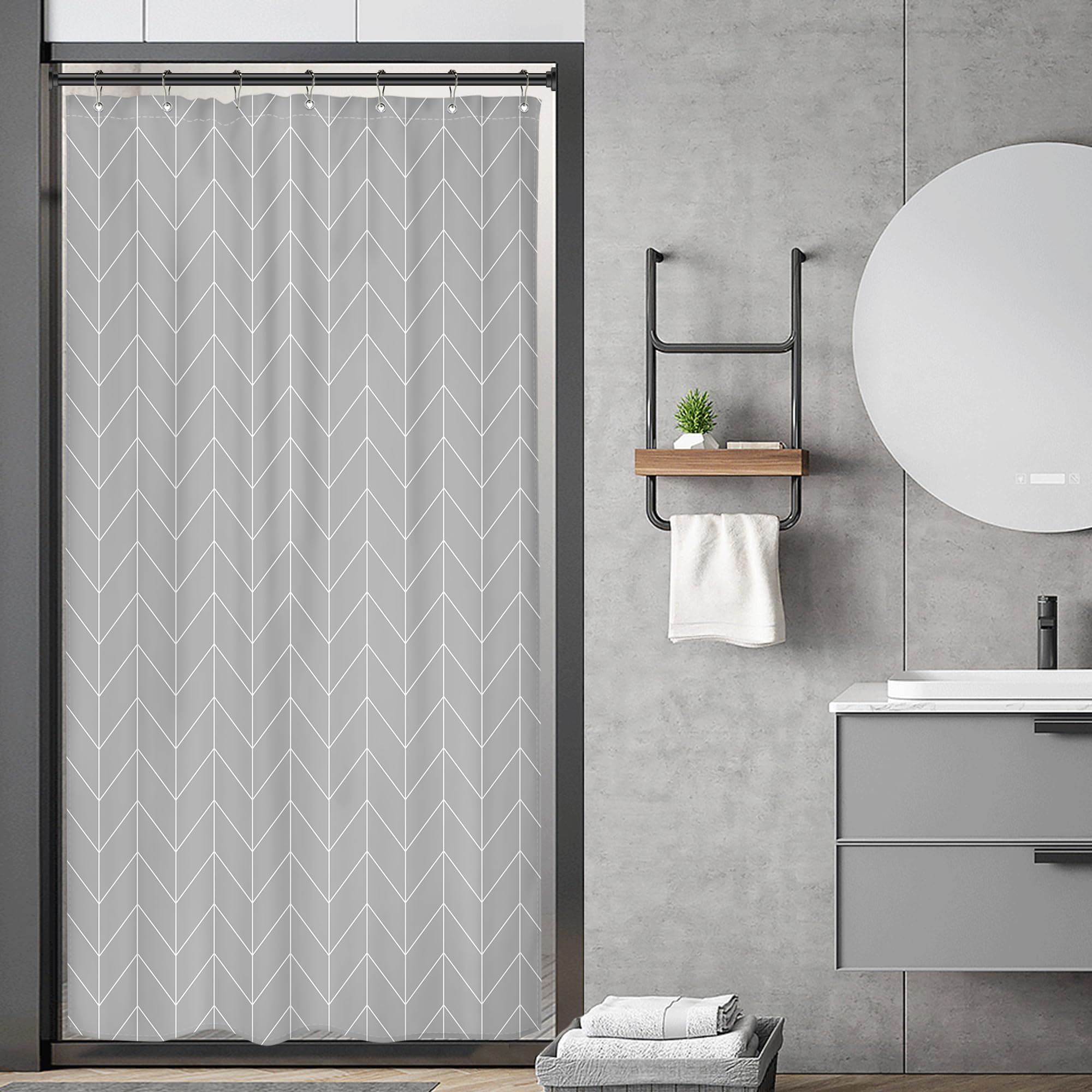 Riyidecor Gray Grey Stall Small Dorm Grey Half Size Fabric Shower Curtain Liner for Bathroom Stand Up 36x72 Inches Wide Single Narrow Chevron Herringbone Geometric RV Tiny Walkin Polyester Bathroom