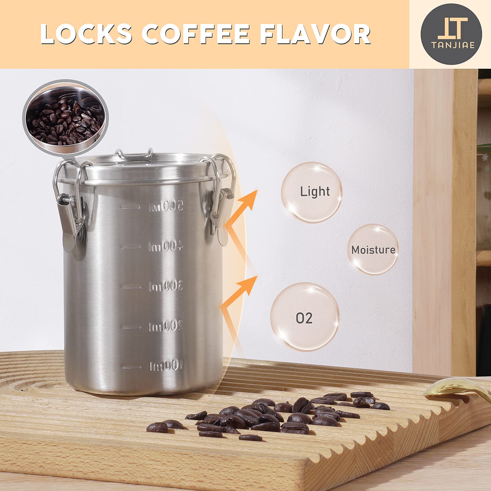 Tanjiae Compact Stainless Steel 100% Airtight Canisters Sets for Small Kitchens | Metal Food Storage Containers with Lids Sealed - Keep Flour  Sugar  Coffee  Tea Fresh for Months (18+35+56 fl oz)