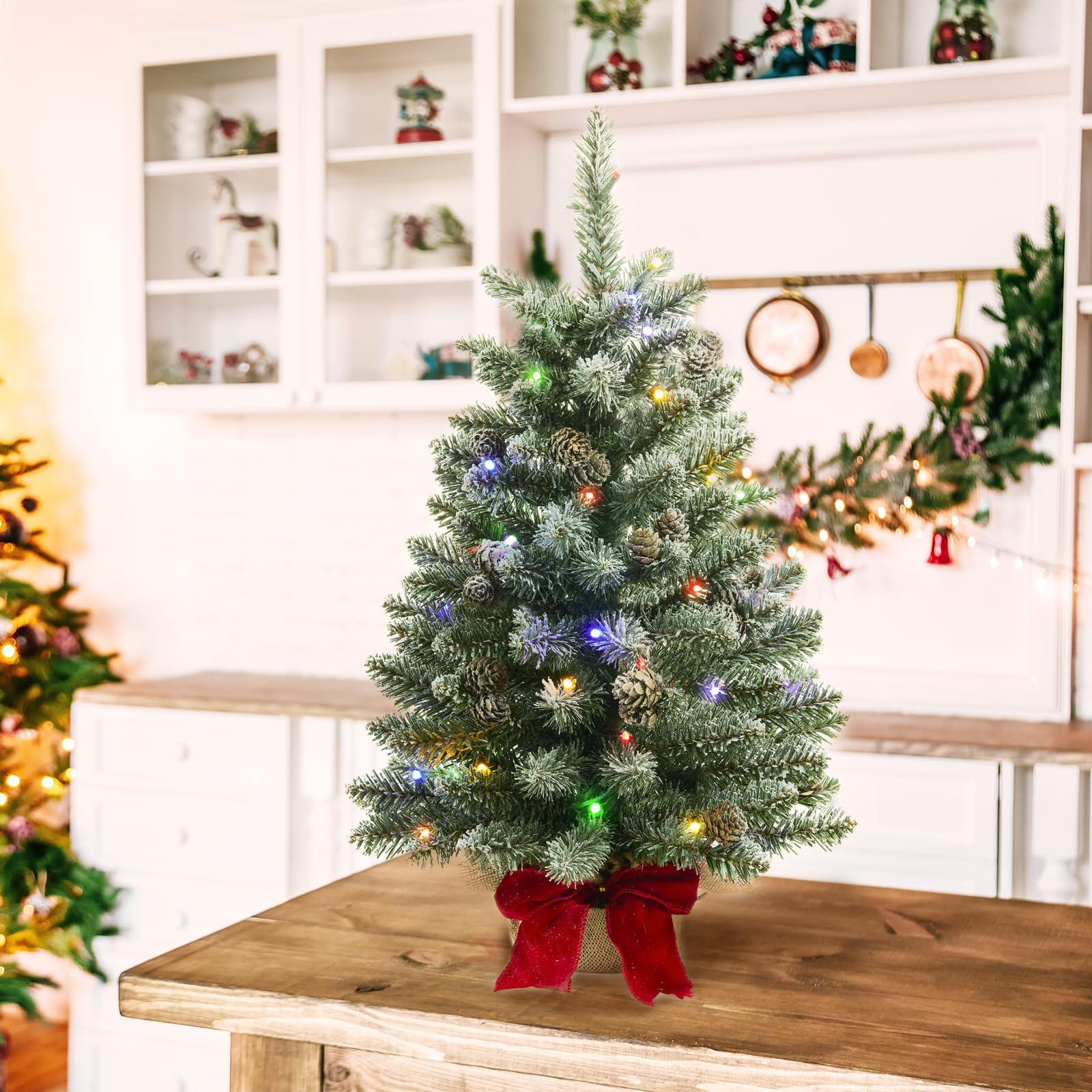 2 ft Mini Christmas Trees with Red Bow Base, 25 F5 LED Lights, 24 Decorated Burlap Artificial Tabletop Christmas Trees with Floc