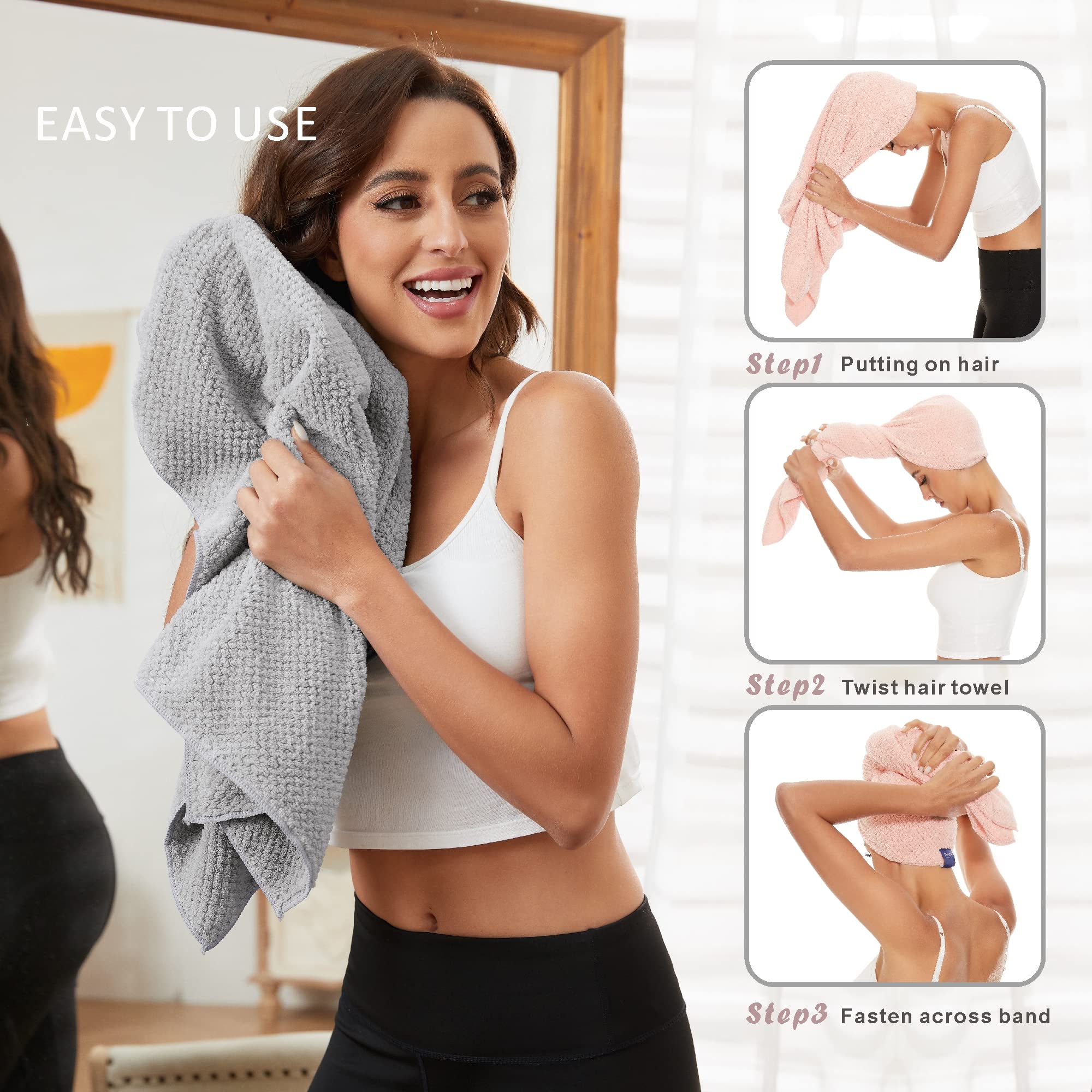 BYCOO Large Microfiber Hair Towel Wrap for Women, Anti Frizz Hair Drying Towel with Elastic Strap, Fast Dry | Super Absorbent |