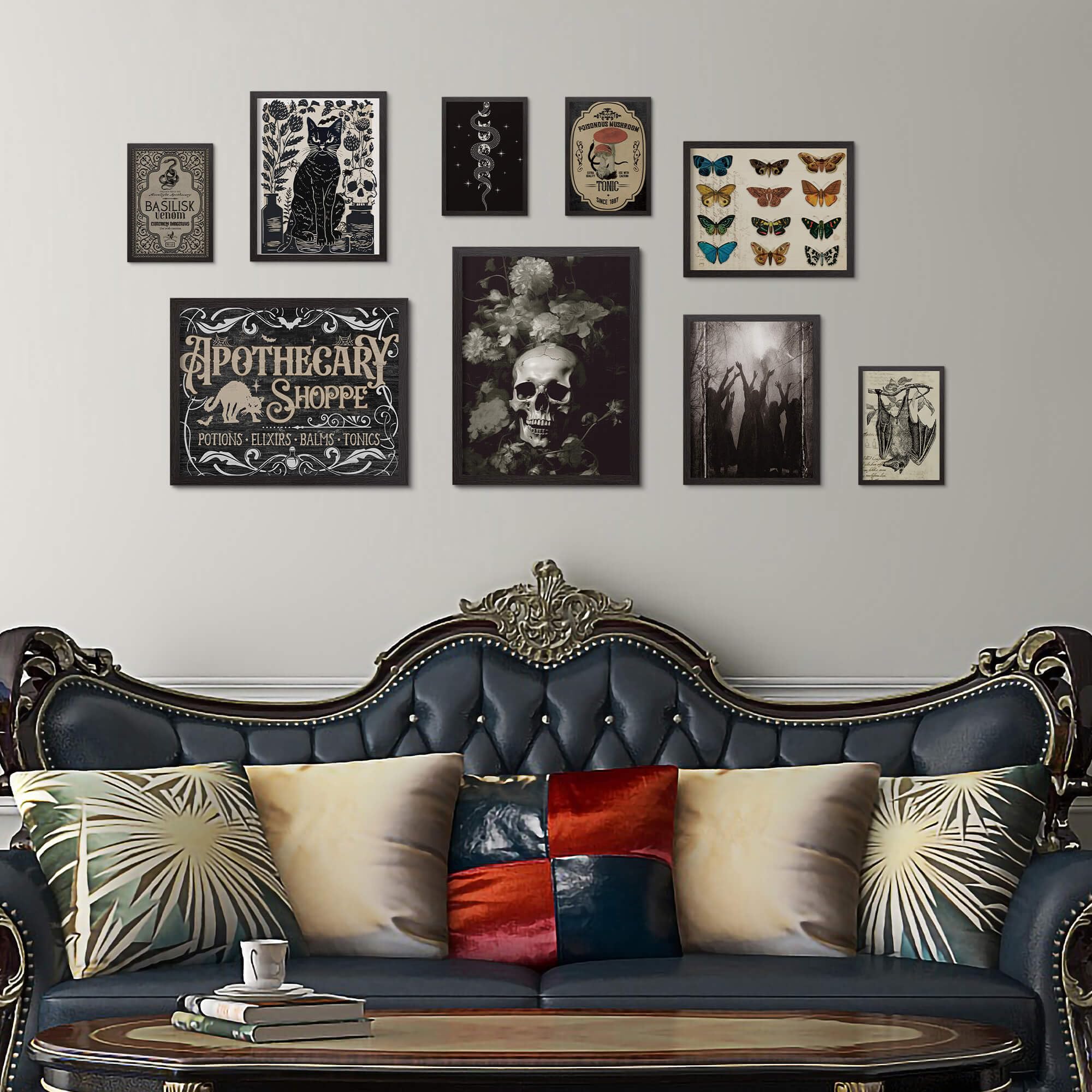 Putuo Decor Gothic Witchy Wall Decor Aesthetic, 9Pcs Gothic Ghost Black Cat Wall Decor, Dark Academia Room Decor, Skull Bat Prin