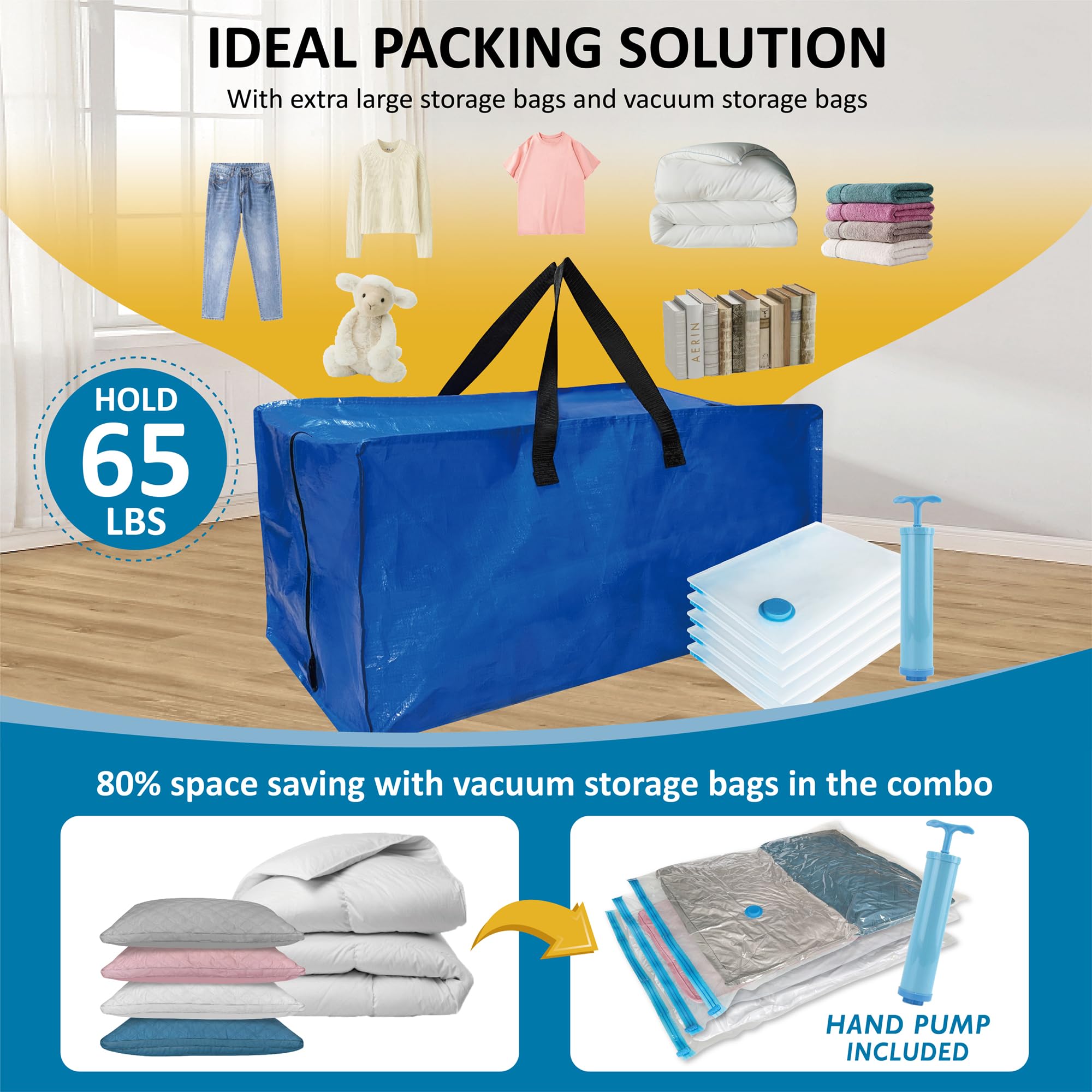 10 Pack Heavy Duty Extra Large Moving Bags with Backpack Straps & Vacuum Storage Bags Moving Supply Combo  Moving Totes with Handles & Zippers for Space Saving  Fold Flat  Includes Vacuum Bags