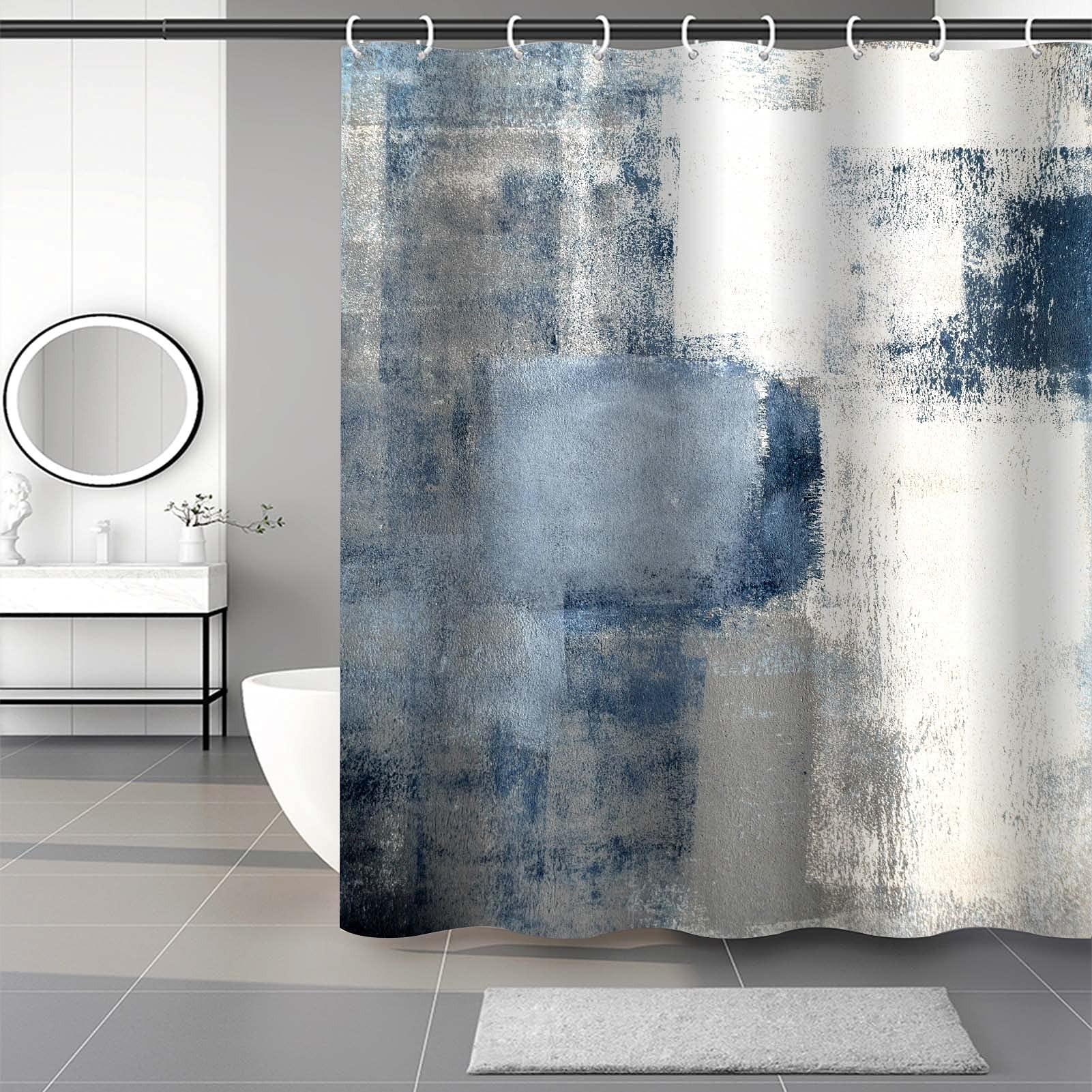 4Pcs Grey Bathroom Shower Curtain Sets with Rugs  Blue and Grey Abstract Painting Gray Retro Bathroom Sets with Shower Curtain and Rugs and Accessories