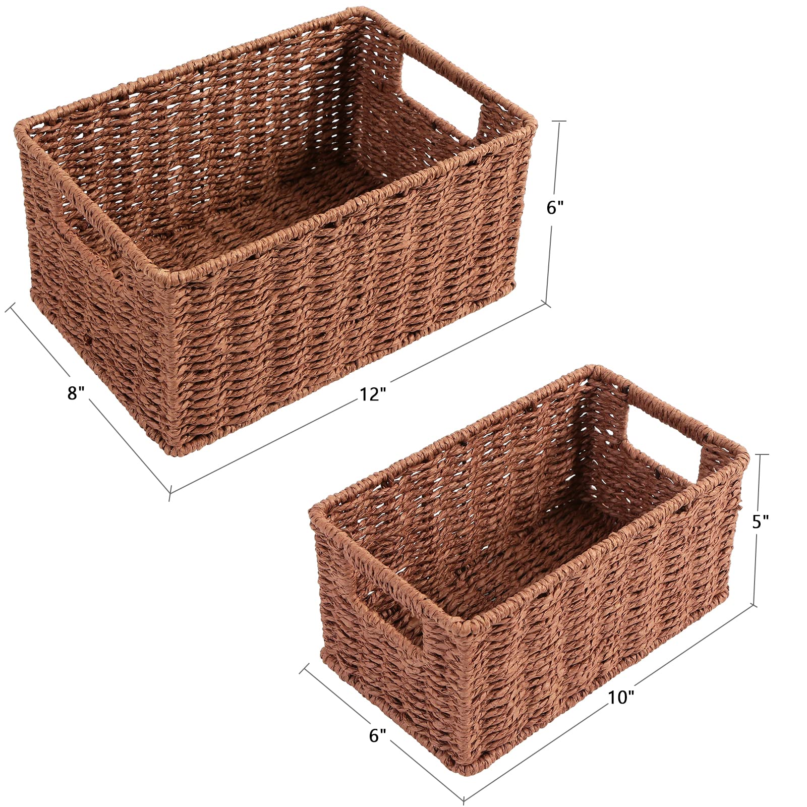 HOONEX Woven Baskets for Storage  Paper Rope Baskets with Sturdy Metal Wire Frame  Baskets for Shelves  Set of 2  Dark Brown