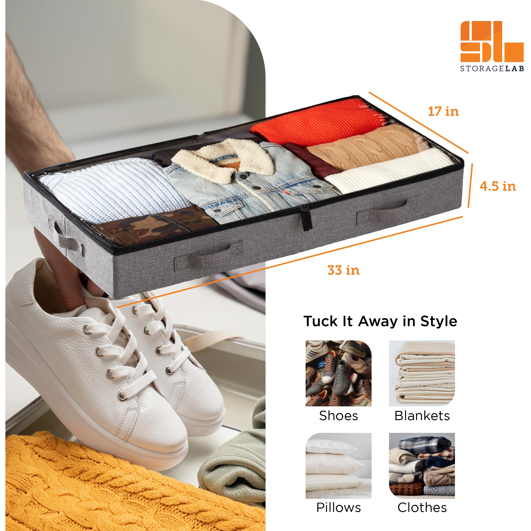 storageLAB Under Bed Storage Containers, Closet Organizers and Storage Bins, 2 Pack Underbed Clothes Storage Organizer with Stur
