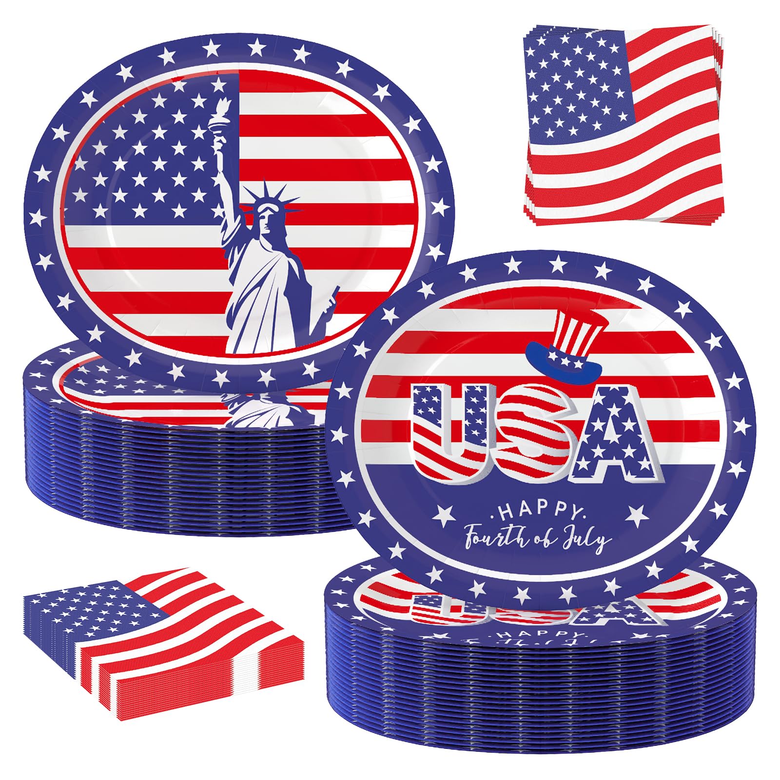 UODBUYO 100Pcs 4th of July Oval Paper Plates and Napkins,10 x 12 Large Disposable Independence Day Plates for July Fourth Patrio