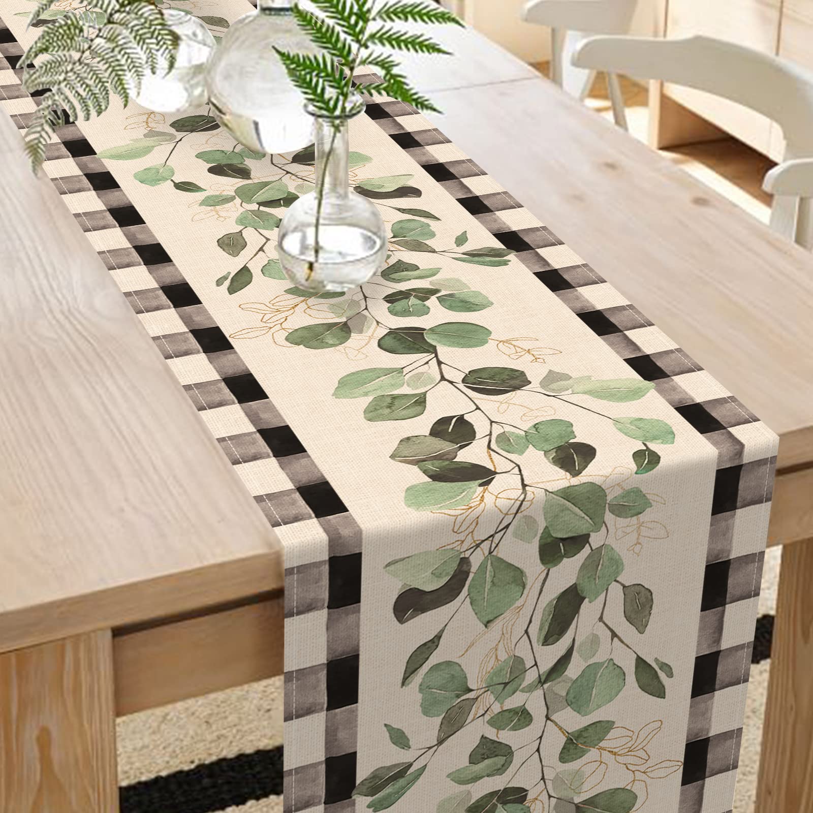 Seliem Spring Eucalyptus Leaves Greenery Table Runner, Black White Buffalo Plaid Check Kitchen Dining Table Decor, Green Plants