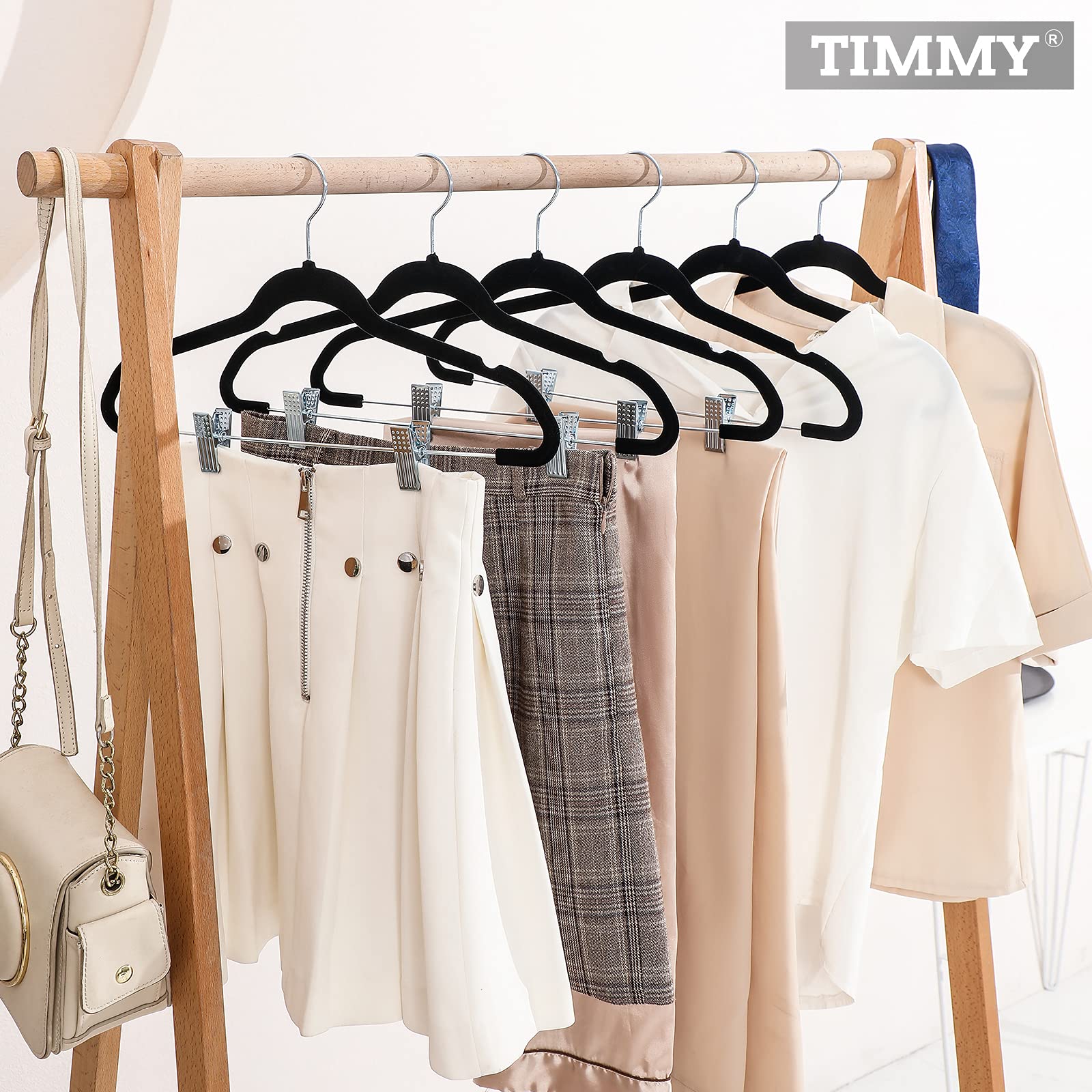 TIMMY 30-Pack Pants Hangers  16.7-Inch Long Velvet Trousers Hangers with Adjustable Clips  Heavy-Duty  Non-Slip  Space-Saving  360 ? Swivel Hooks Black Velvet Hanger