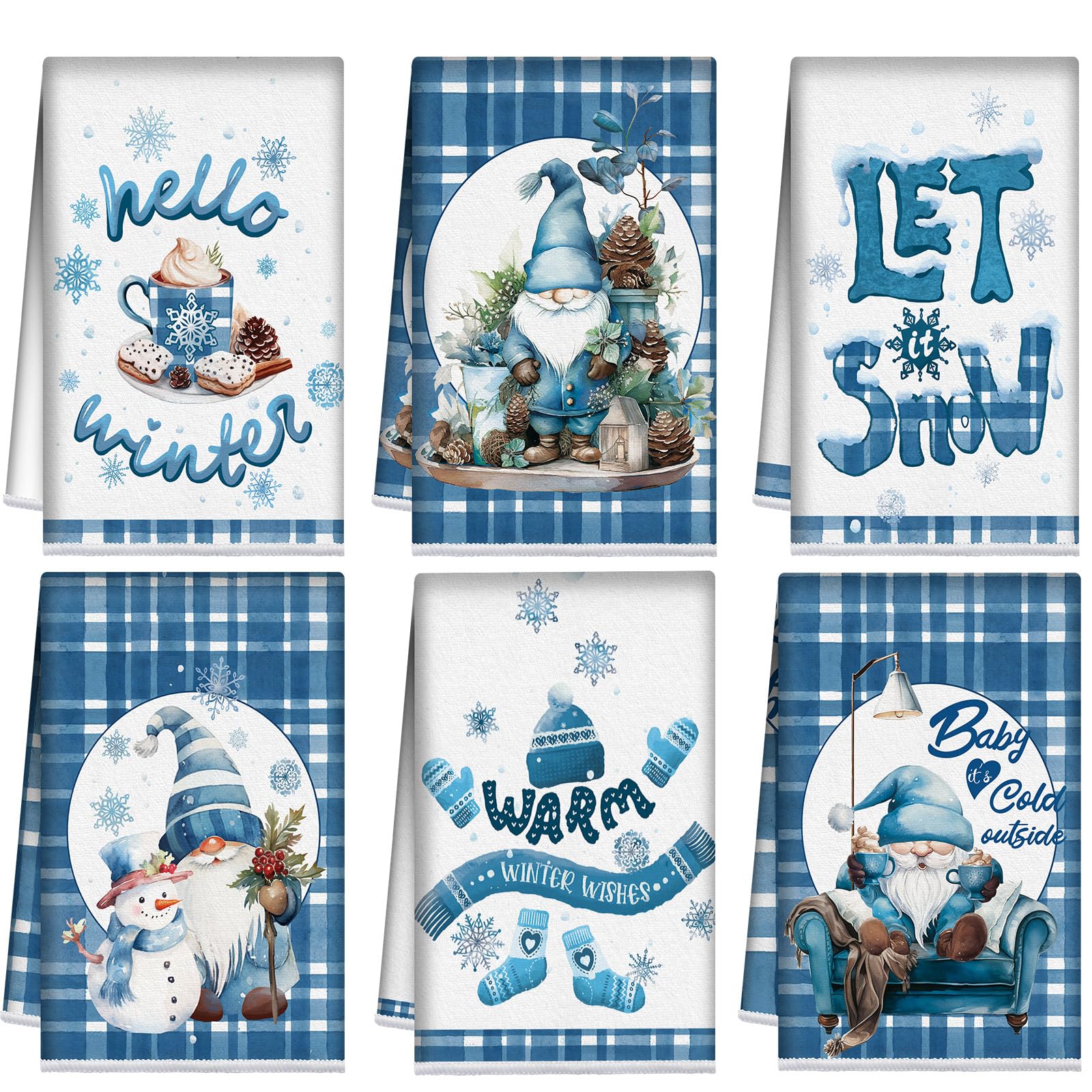 Hosuly 6 Pcs Winter Kitchen Towels Hello Winter Blue Plaid Hand Towels Snowflakes Gnome Let Snow Dish Clothes Warm Farmhouse Dec