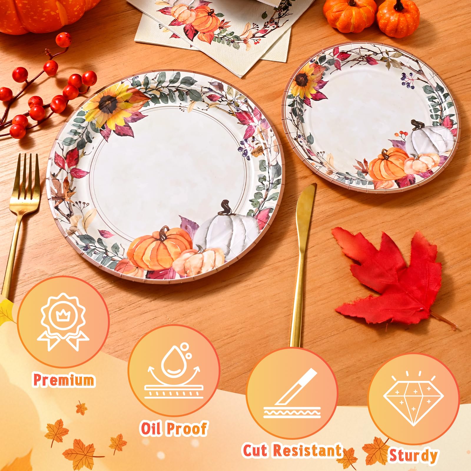 Homlouue 200 Pcs Fall Paper Plates and Napkins, Thanksgiving Plates and Napkins Sets, Fall Pumpkins Wreath Plate Disposable Part